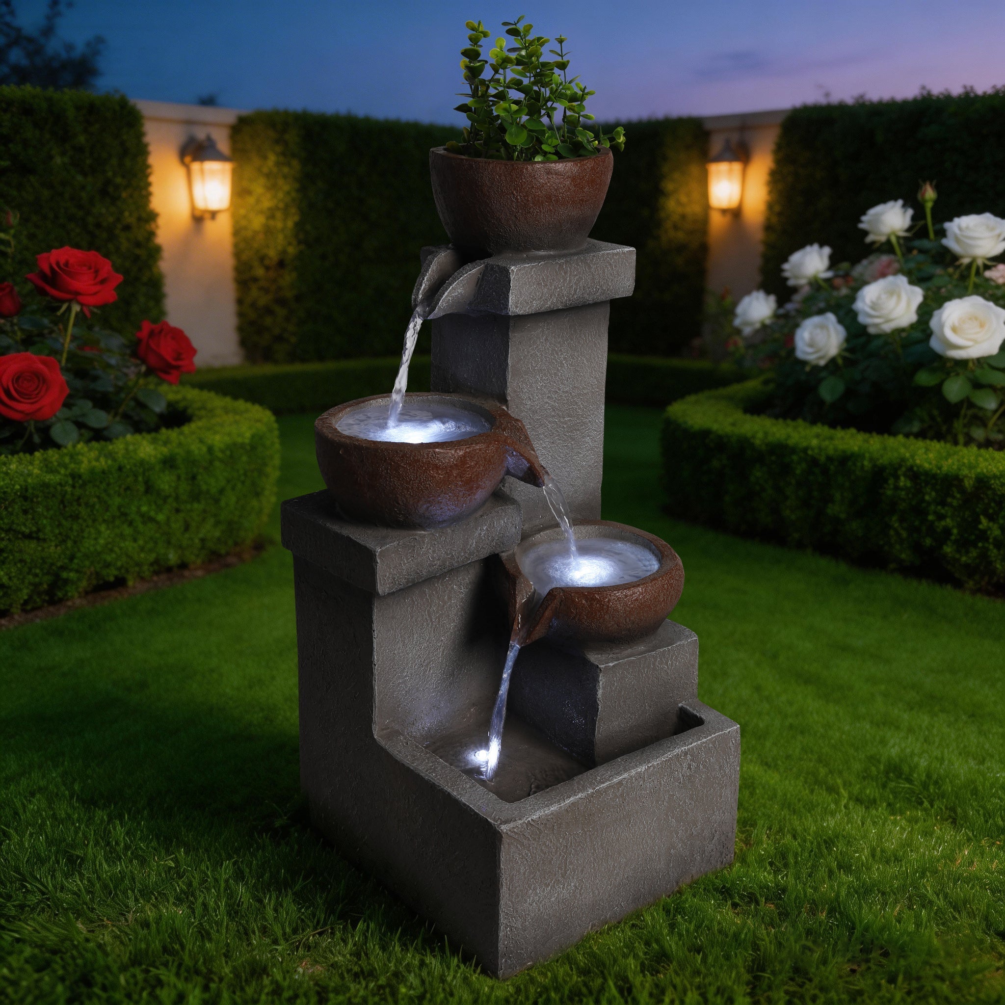 Outdoor Water Fountain Tiered Cascading Jar Waterfall Resin Garden Patio Decor with LED Lights