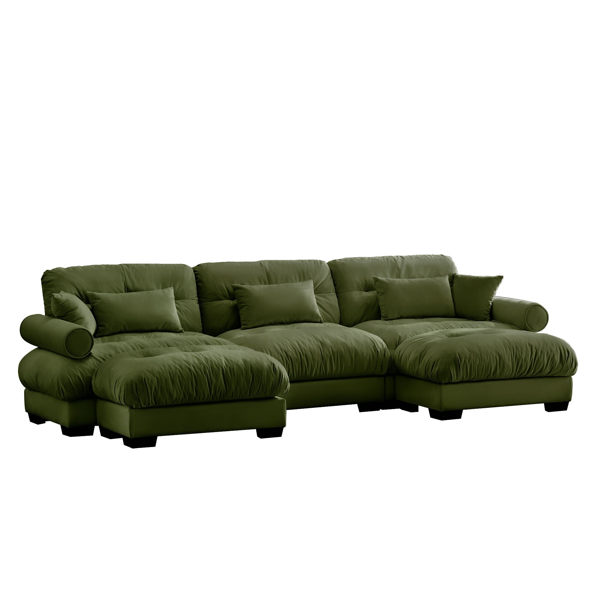 Modern Sectional Sofa With Ottoman, Round Bolster Armrests, Waist And Throw Pillows
