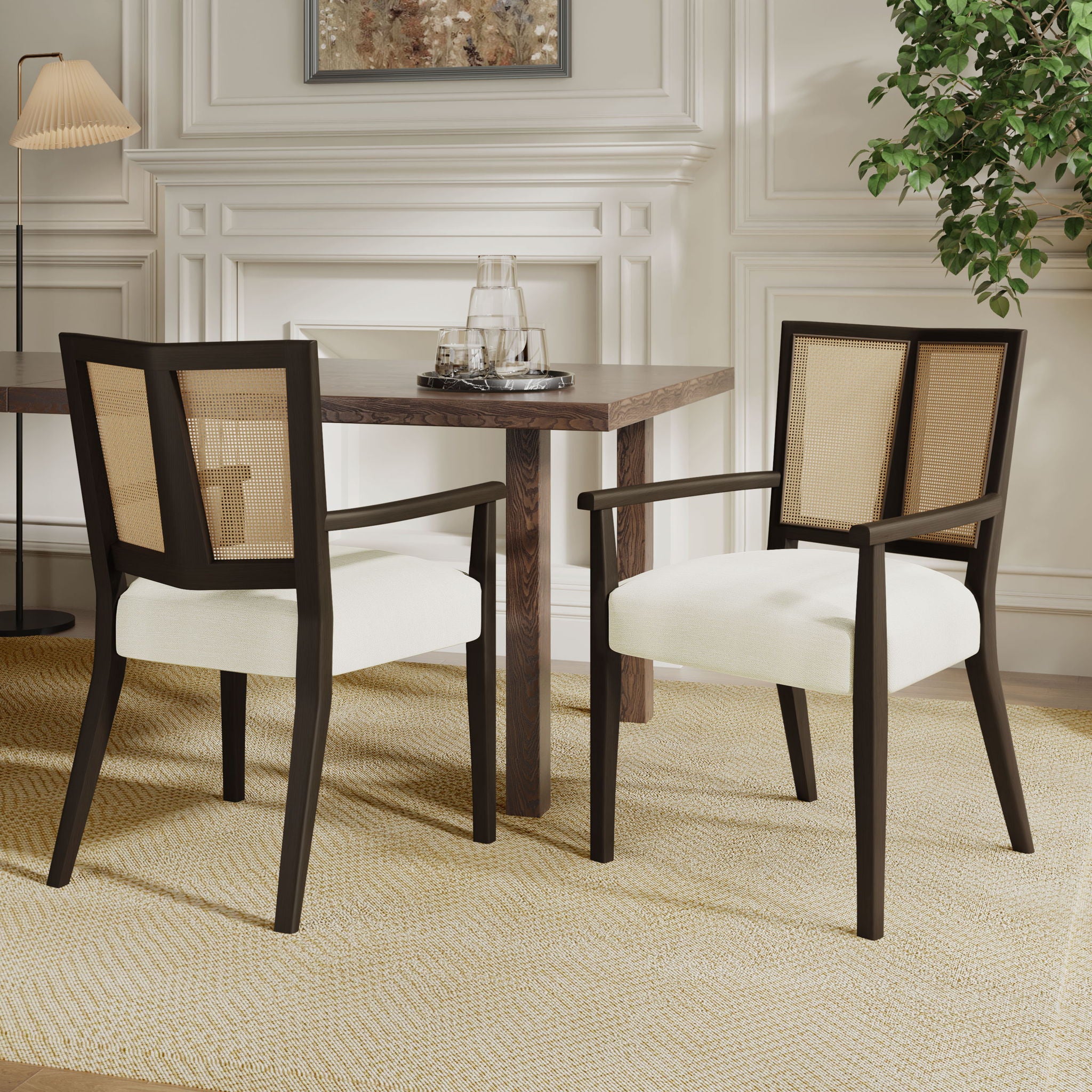 Mid Century Modern Arm Dining Chair Set With Rattan Backrest