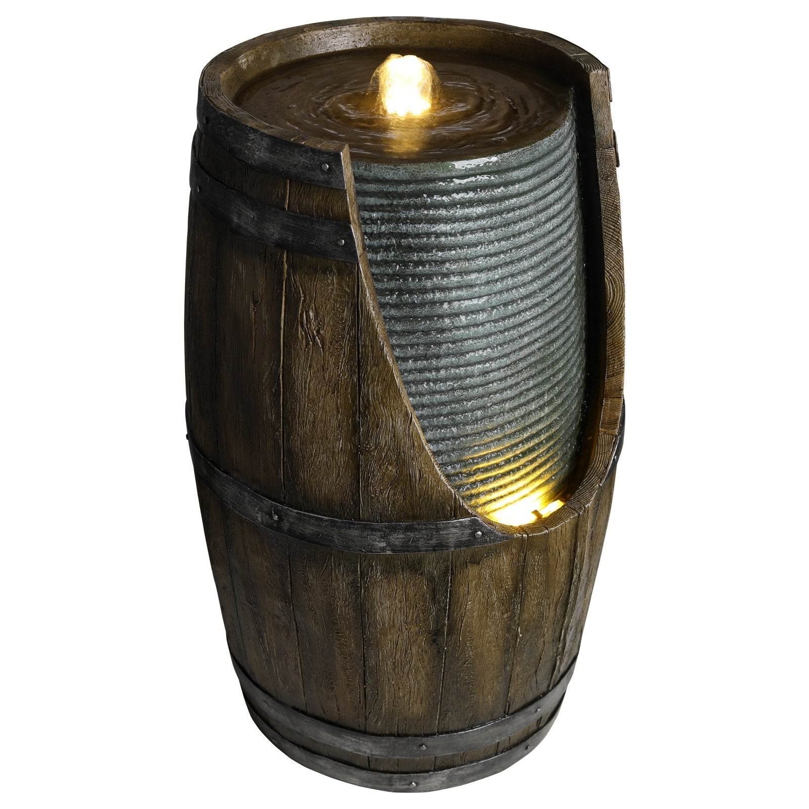 Wooden Barrel Style Outdoor Water Fountain with Lights