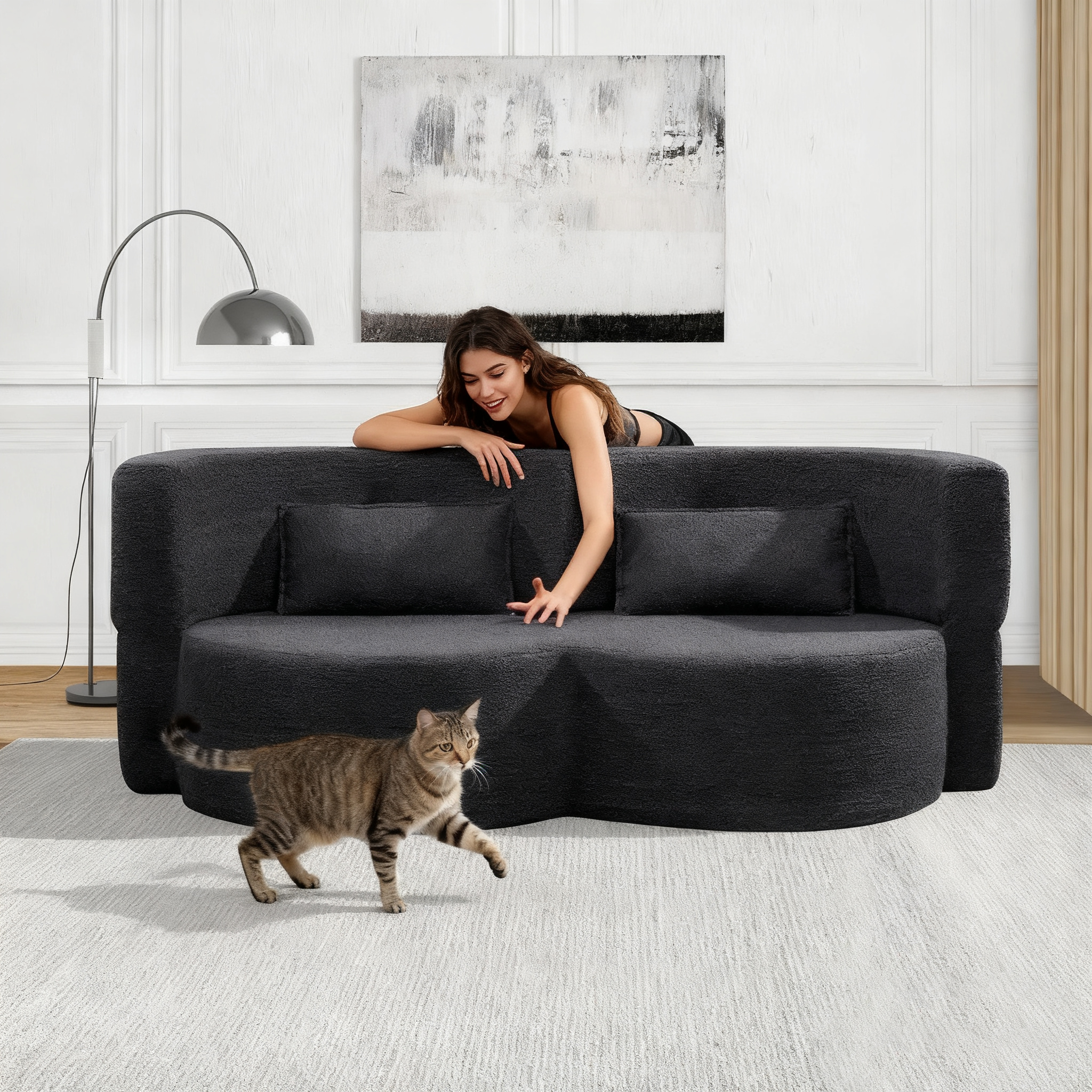 Folding Sofa Bed in Black Teddy Bear Fabric