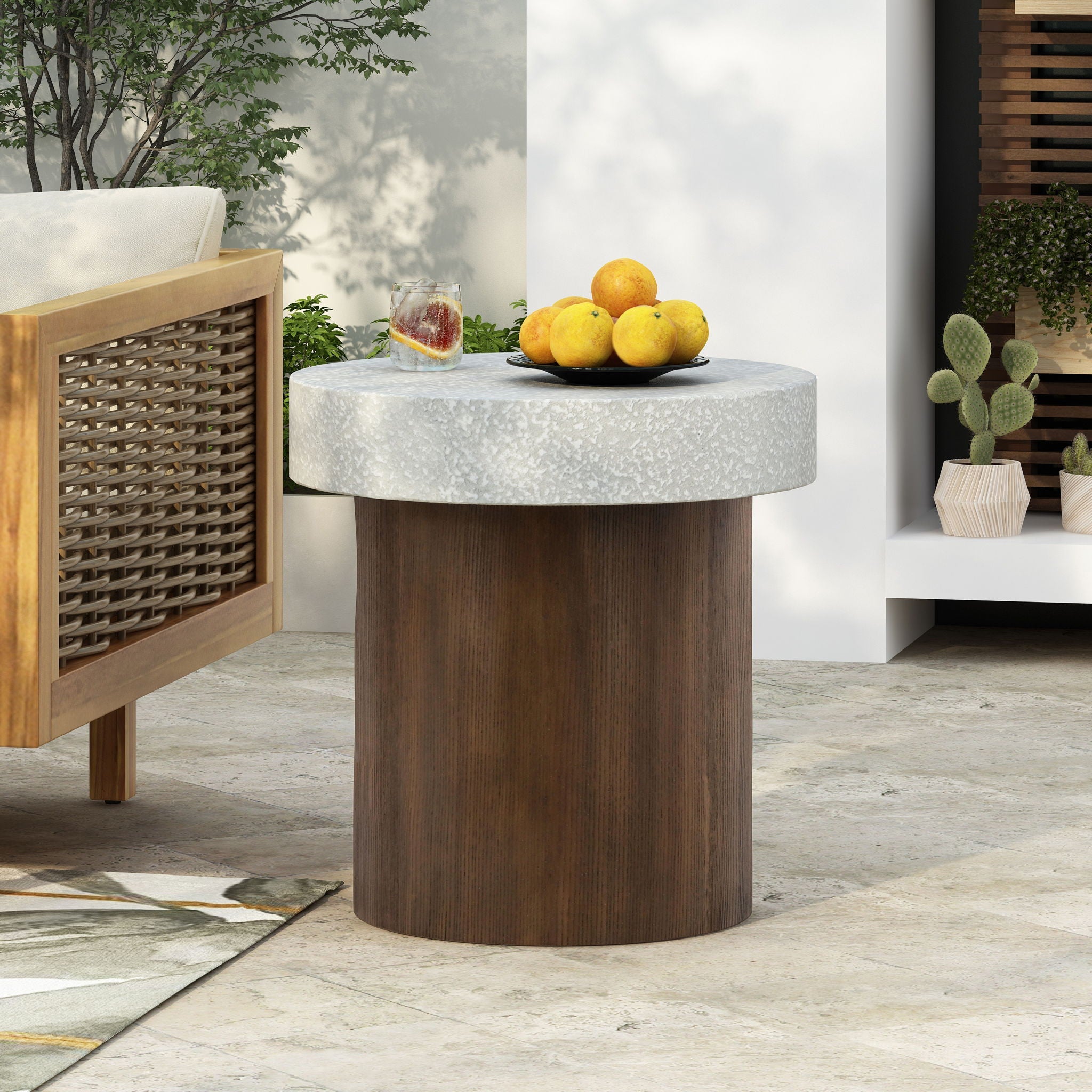 Mgo Cylindrical Side Table With Faux Stone Top And Wood Faux Base - Antique White / Natural