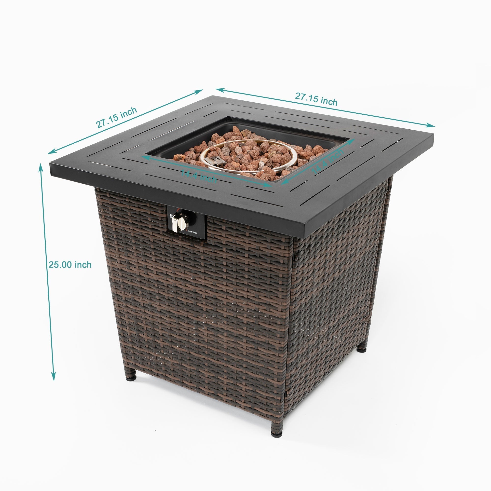 28-Inch Black Wicker Outdoor Propane Gas Fire Pit Table with Steel Top and 50,000 BTU Heat Output