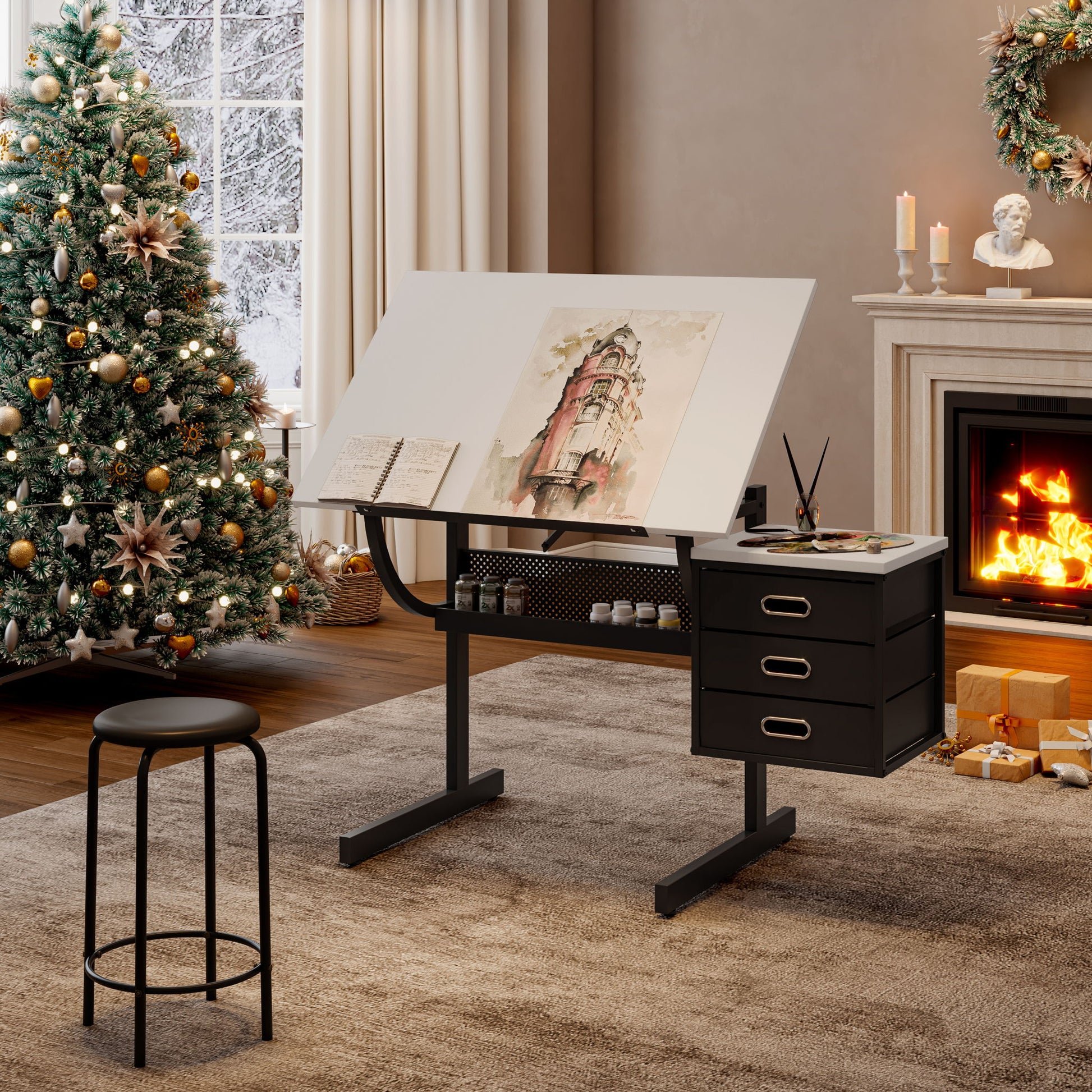 Adjustable Drafting Drawing Table With Stool And 3 Drawers - White / Black - Best Buy Furniture
