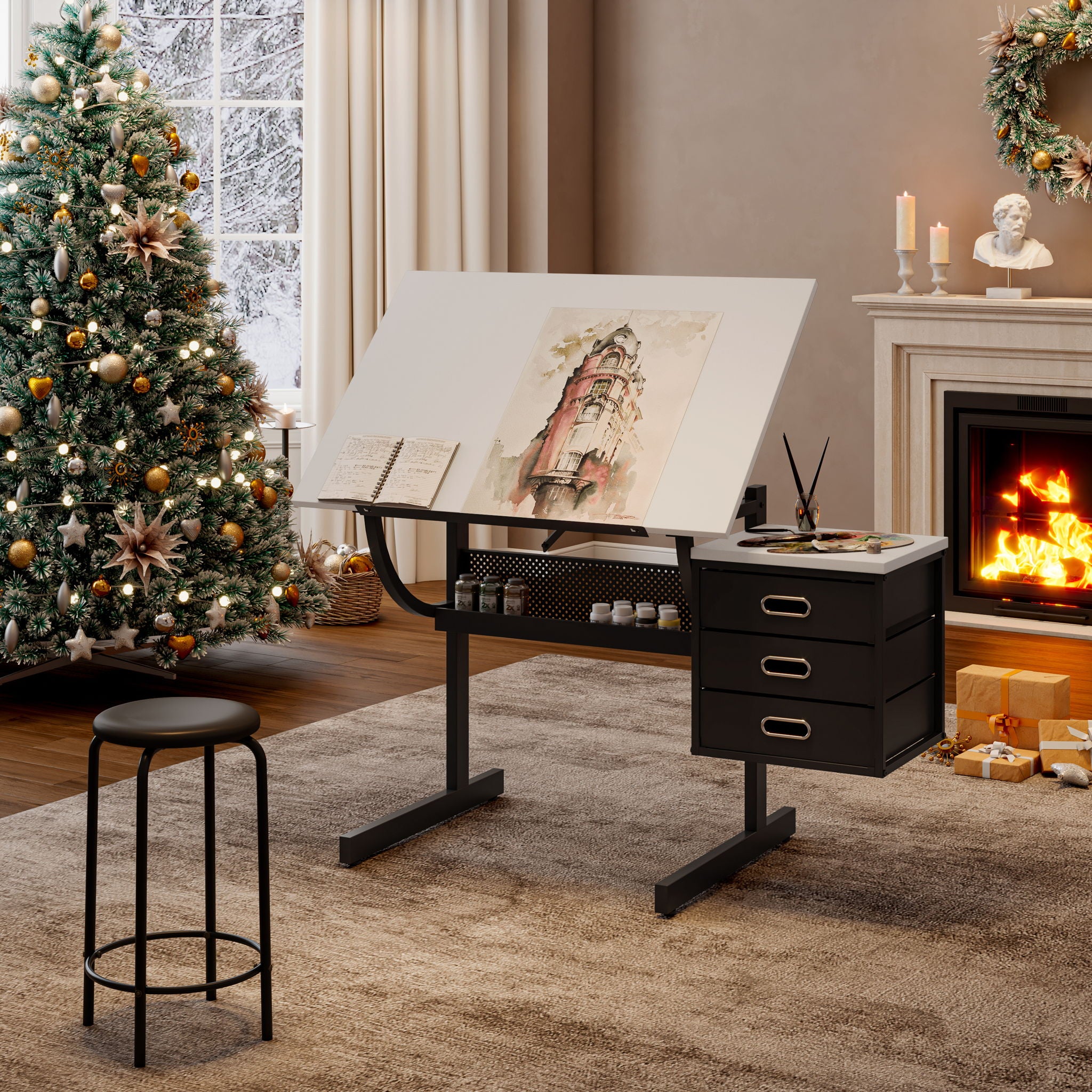 Adjustable Drafting Drawing Table With Stool And 3 Drawers - White / Black - Best Buy Furniture