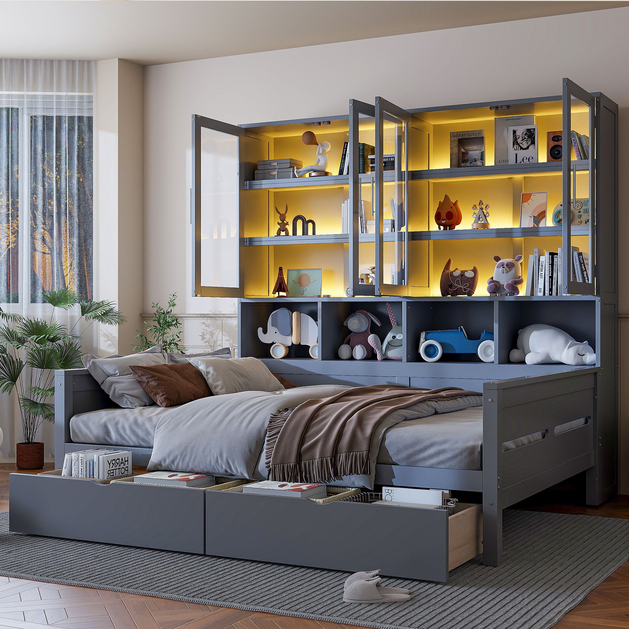 Daybed With Glass Door Storage Cabinets, Built In LED Lighting And Shelves