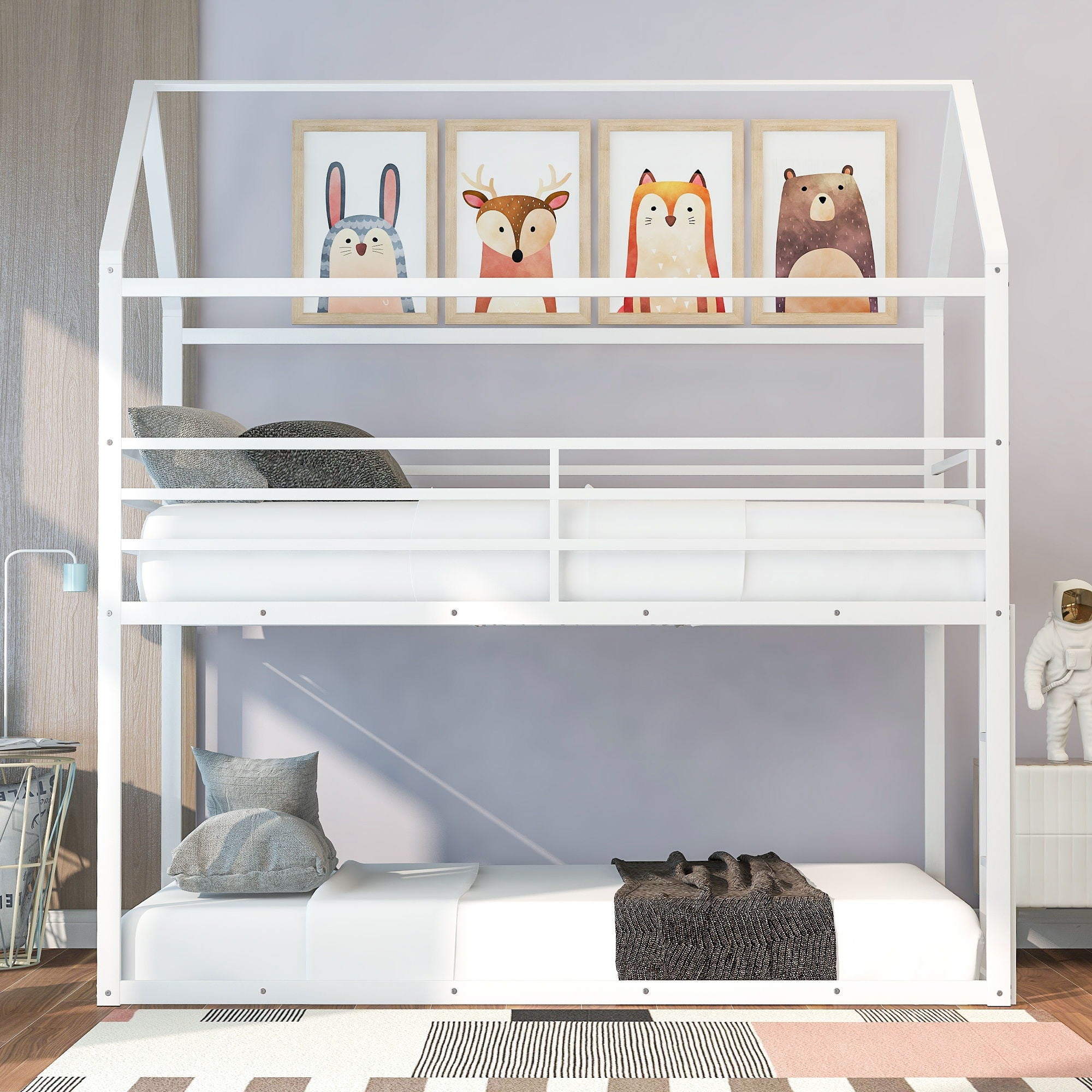 House Bunk Bed Metal Bed Frame Built-In Ladder, No Box Spring Needed