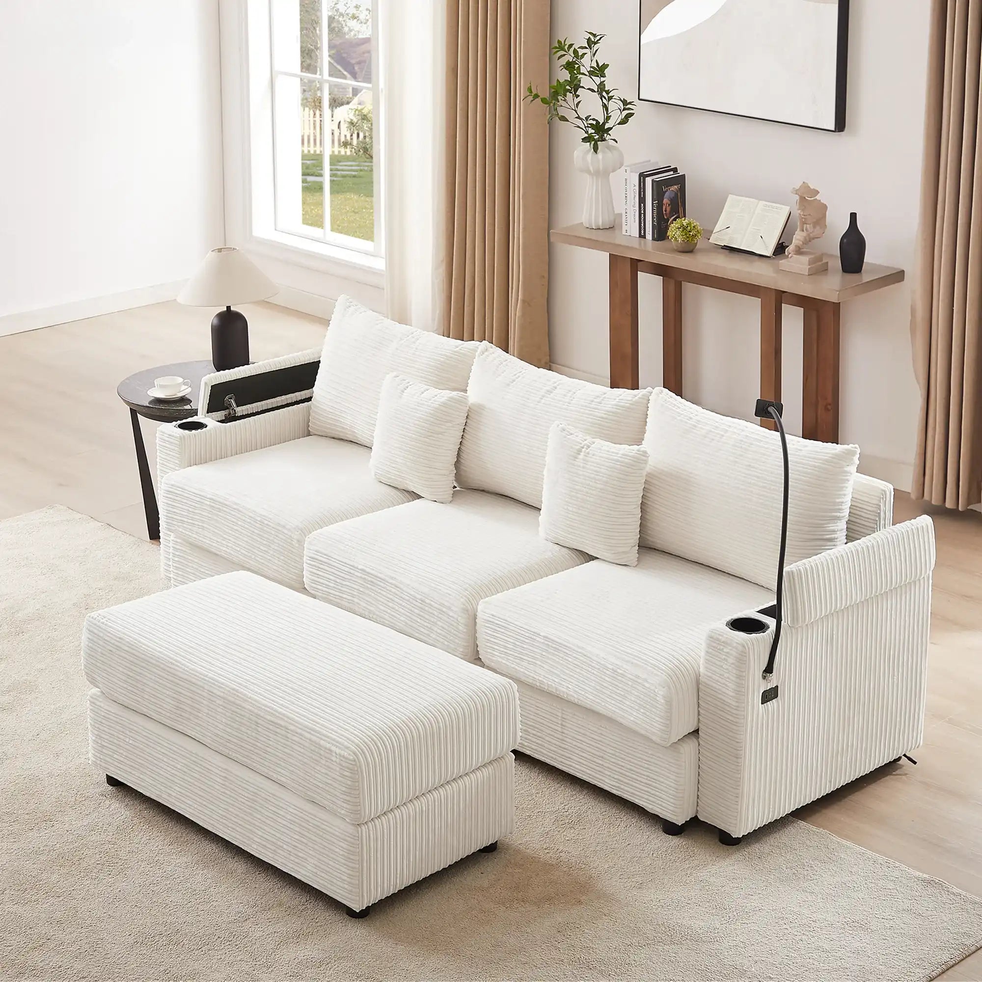 Modern 3-Seater Sectional Sofa with Storage, Ottoman, USB Ports, Beige