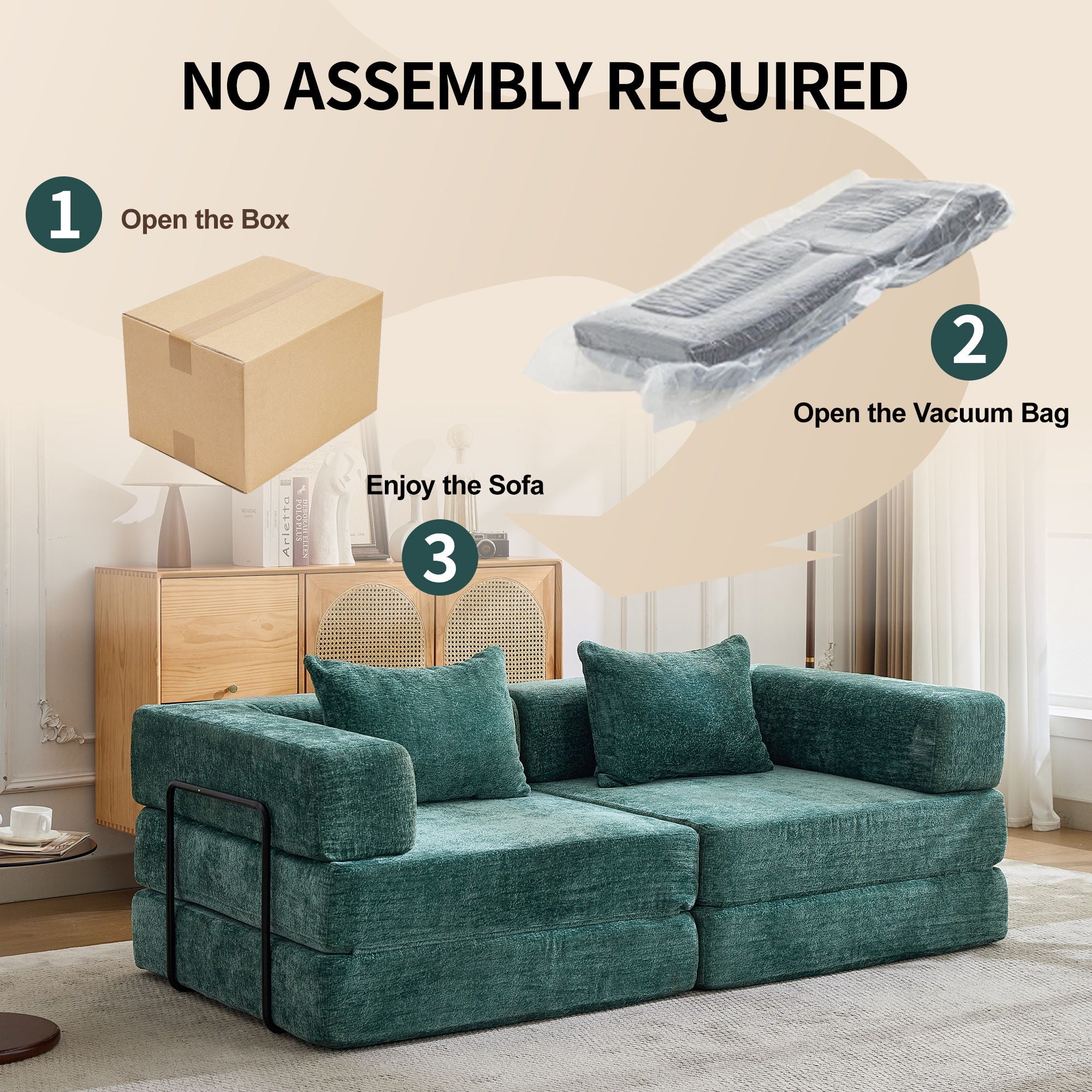 Convertible Floor Sofa Bed With Fixed Shape Frame, Loveseats Boneless Modular Sectional, For Living Room - Dark Green