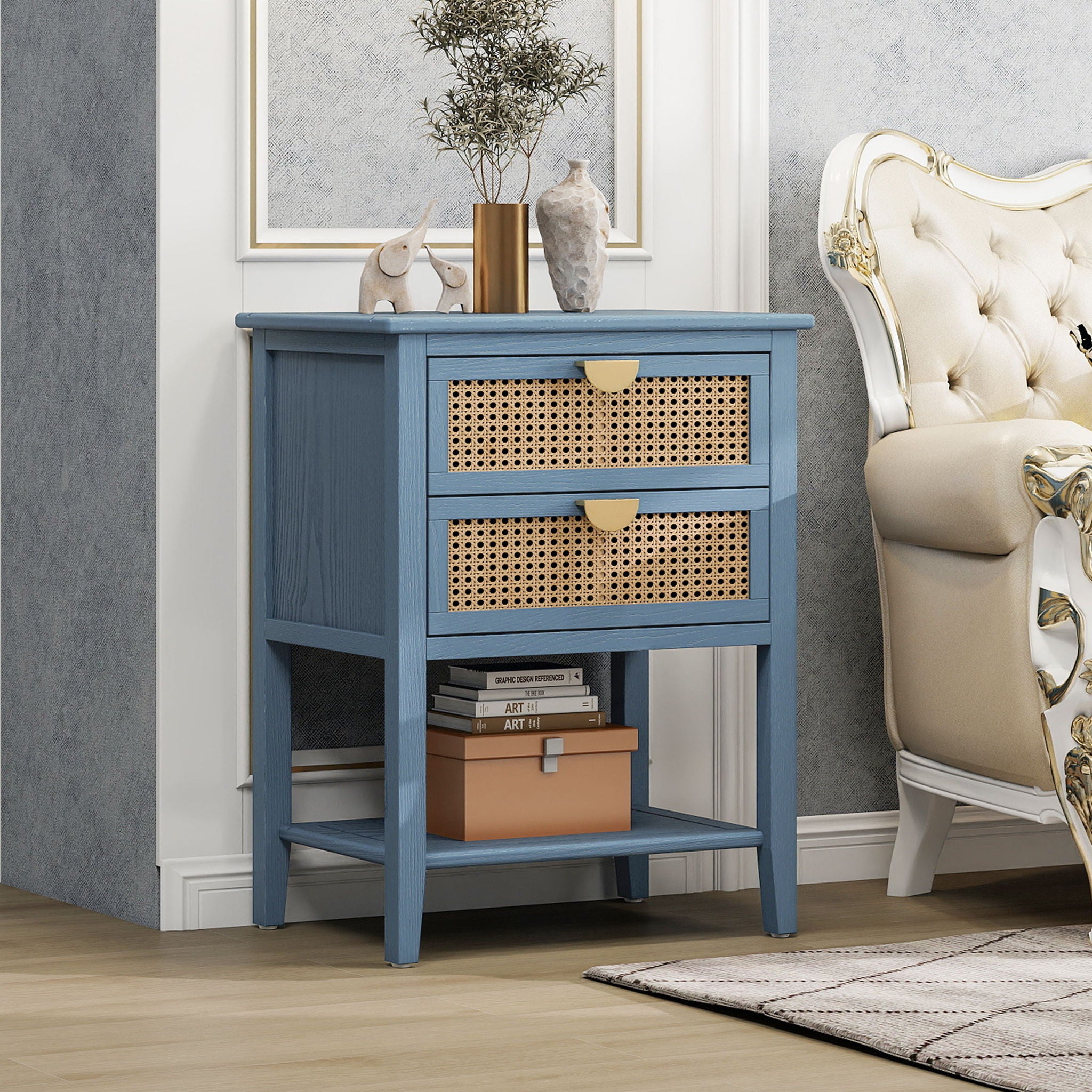 2 Drawer Side Table, Natural Rattan