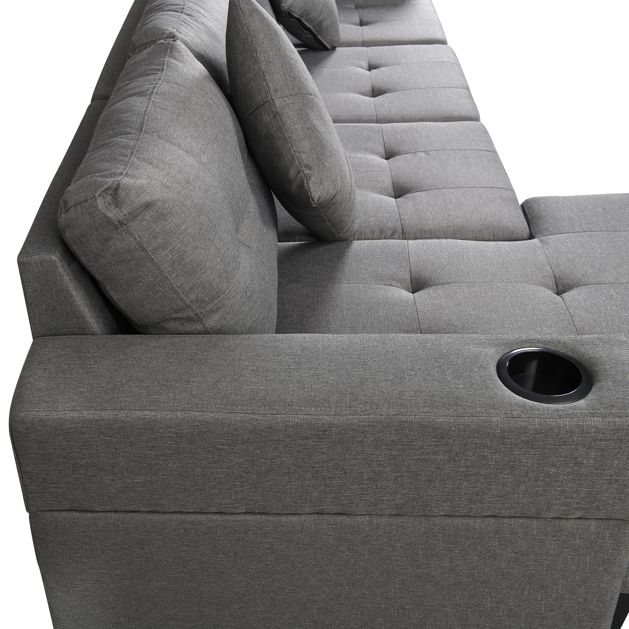 Modern Sectional Sofa Set With L Shape Chaise Lounge, Cup Holder, 4 Seat - Gray