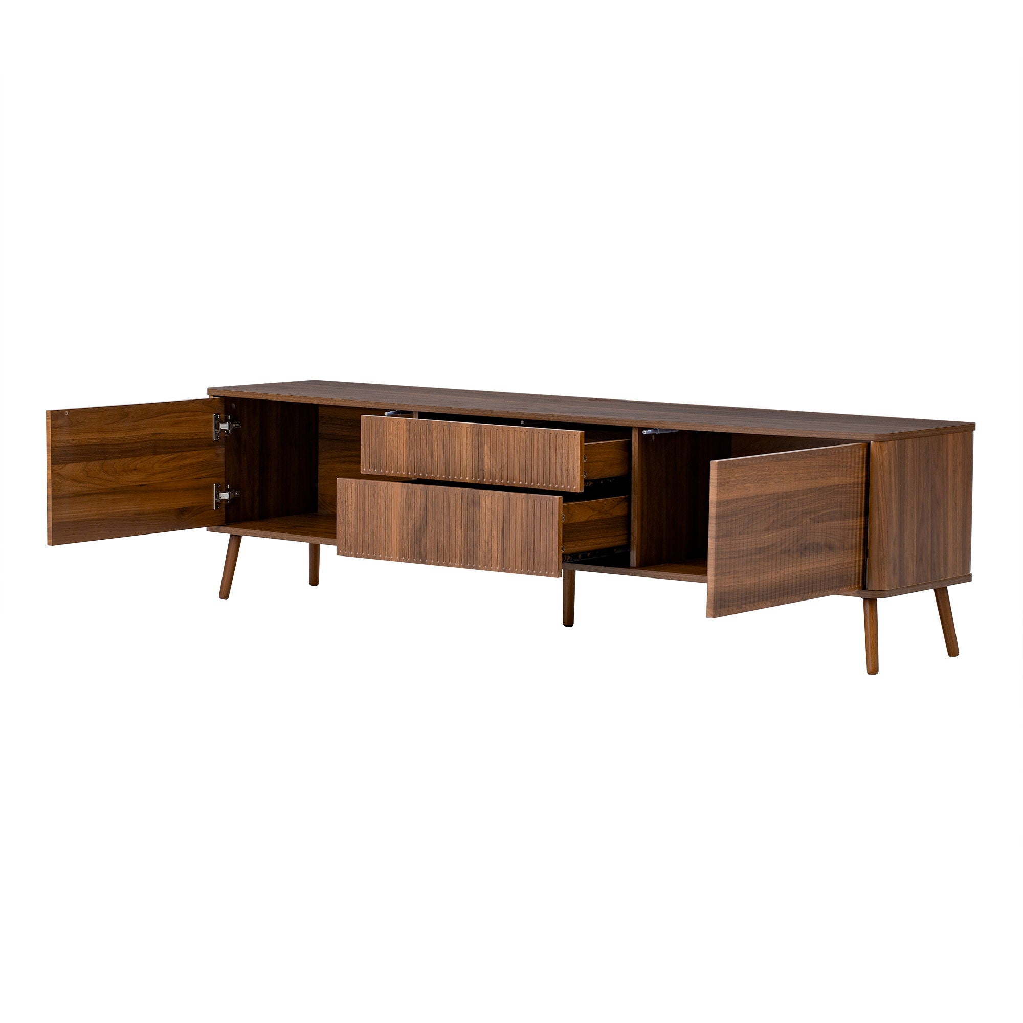 Fluted TV Stand With Storage Drawers And Cabinets For TVs Up To 80", Soft-Close Hinges, Cable Management - Walnut