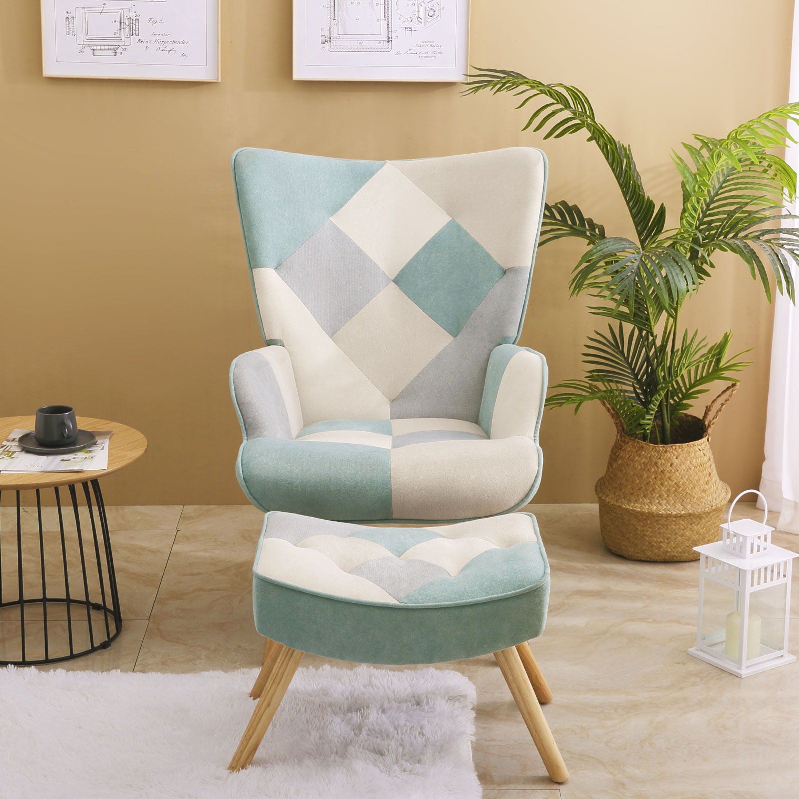 Accent Chair With Ottoman, Living Room Chair And Ottoman Set, Comfy Side Armchair For Bedroom, Creative Splicing Cloth Surface - Blue