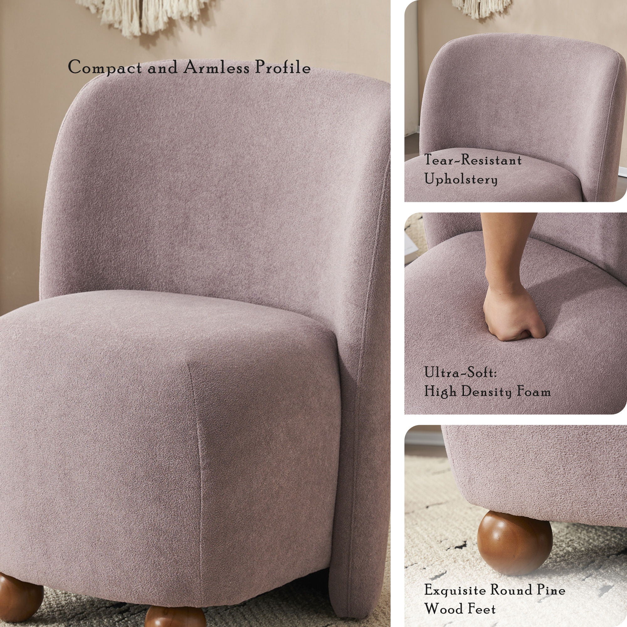 Modern Low Back Accent Upholstered Armless Living Room Chairs, Round Feet