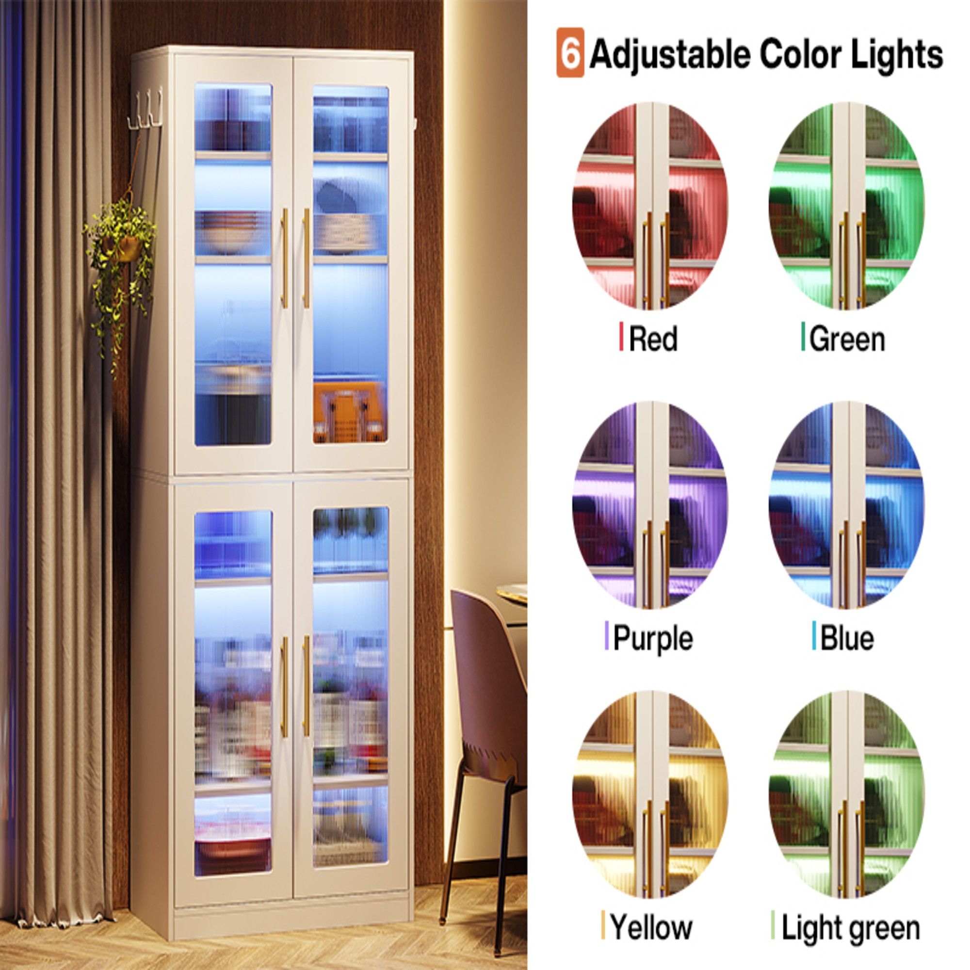 Bookcase With Doors And LED Lighting, 8 Adjustable Shelves Storage Cabinet