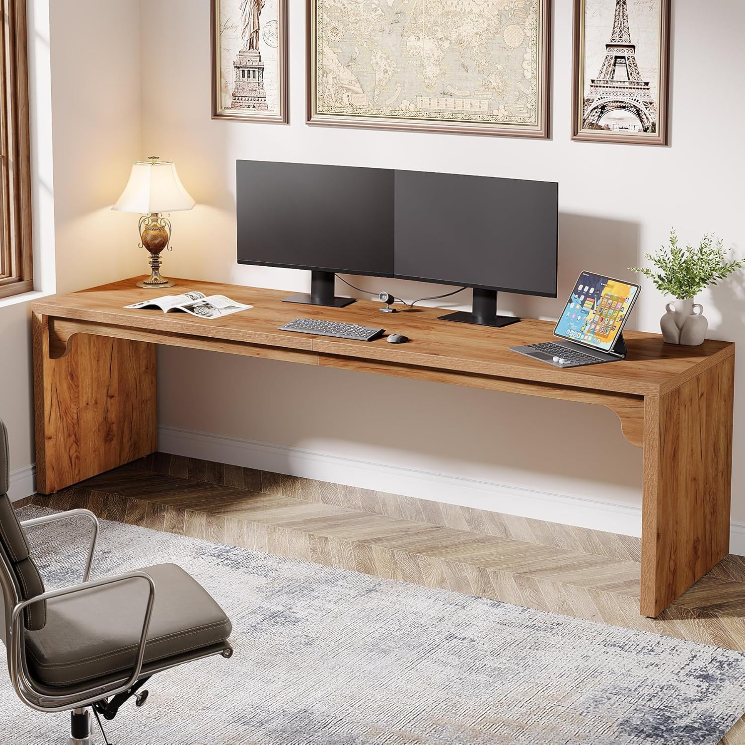 Extra Long 2 Person Computer Desk, Large Workstation - Brown