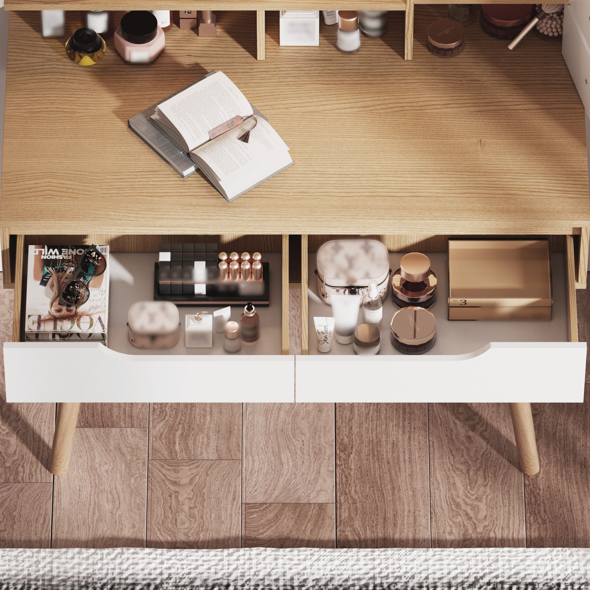 Elegant Makeup Vanity Desk With Adjustable Lighted Mirror Table Feet - American White Oak - Best Buy Furniture