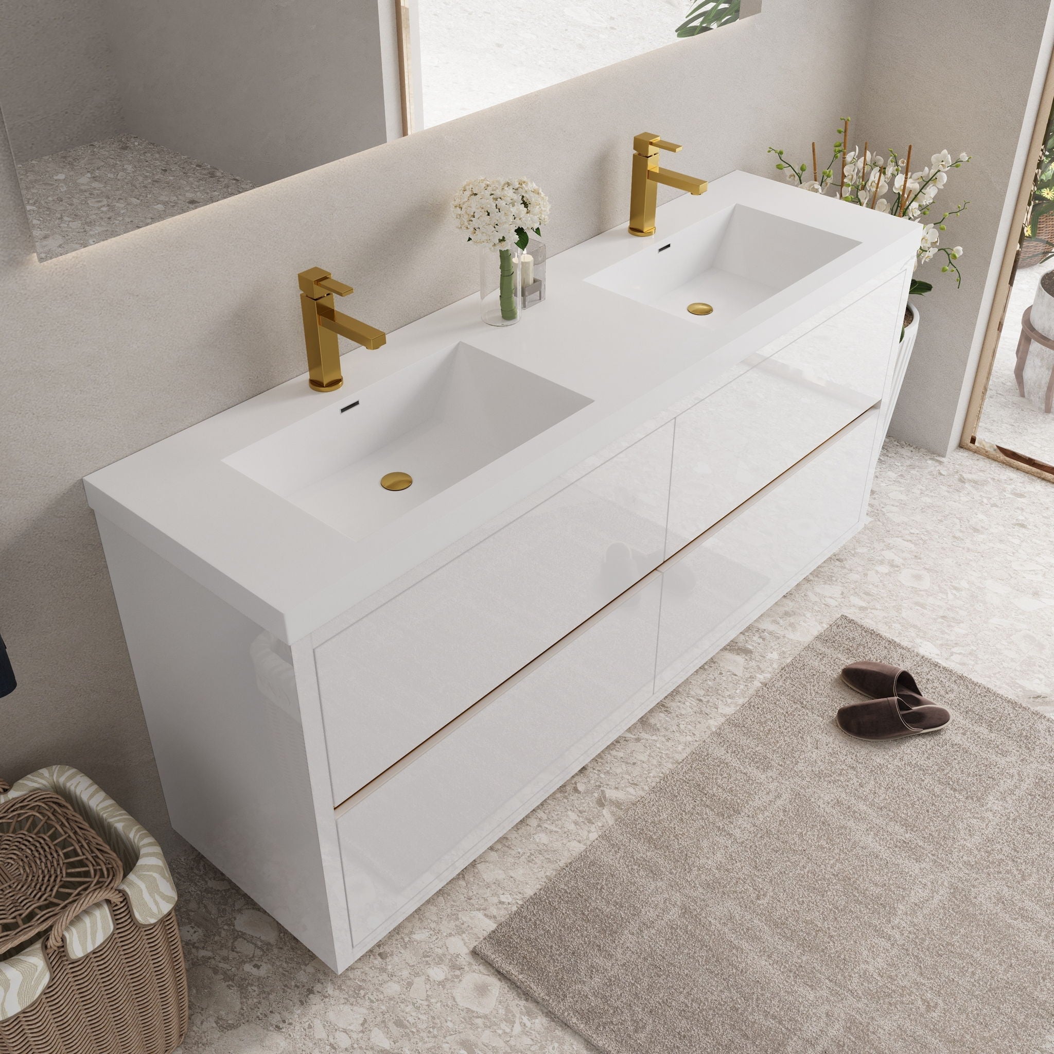 Bathin Freestanding Bathroom Vanity With Double Sinks, Bathroom Storage Vanity Cabinet With Stone Resin Countertop And Soft Close Drawers