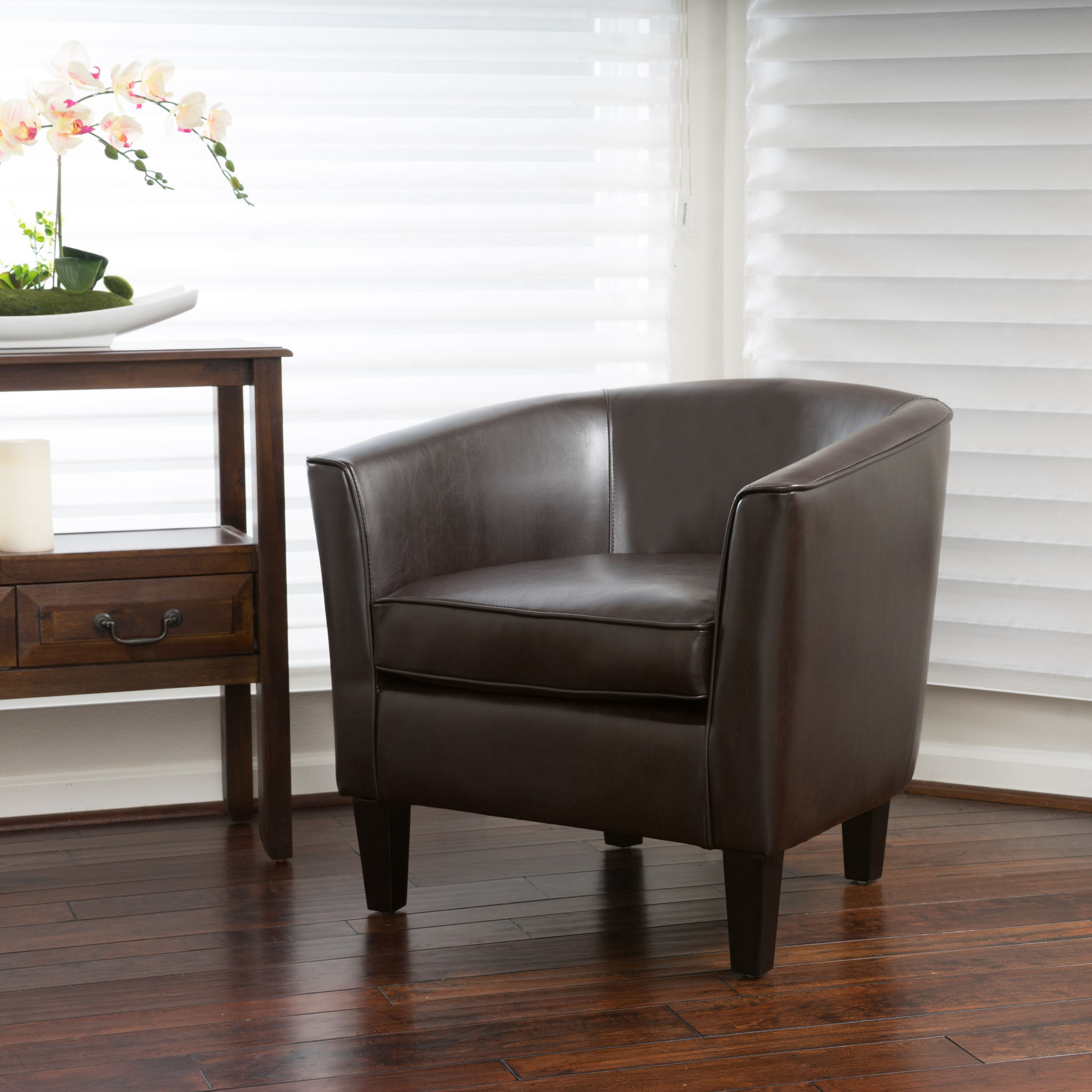 Upholstered Leather Club Chair With Flared Armrests - Brown