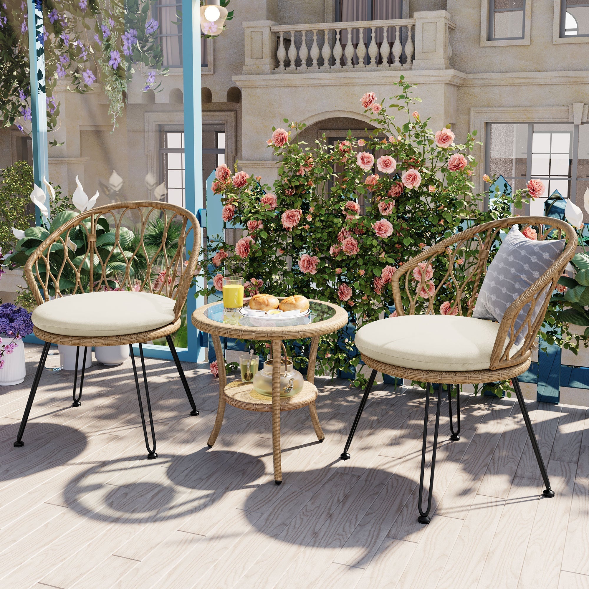 U_STYLE Outdoor Leisure Set, 2 Rattan Single Chairs with Glass Round Table