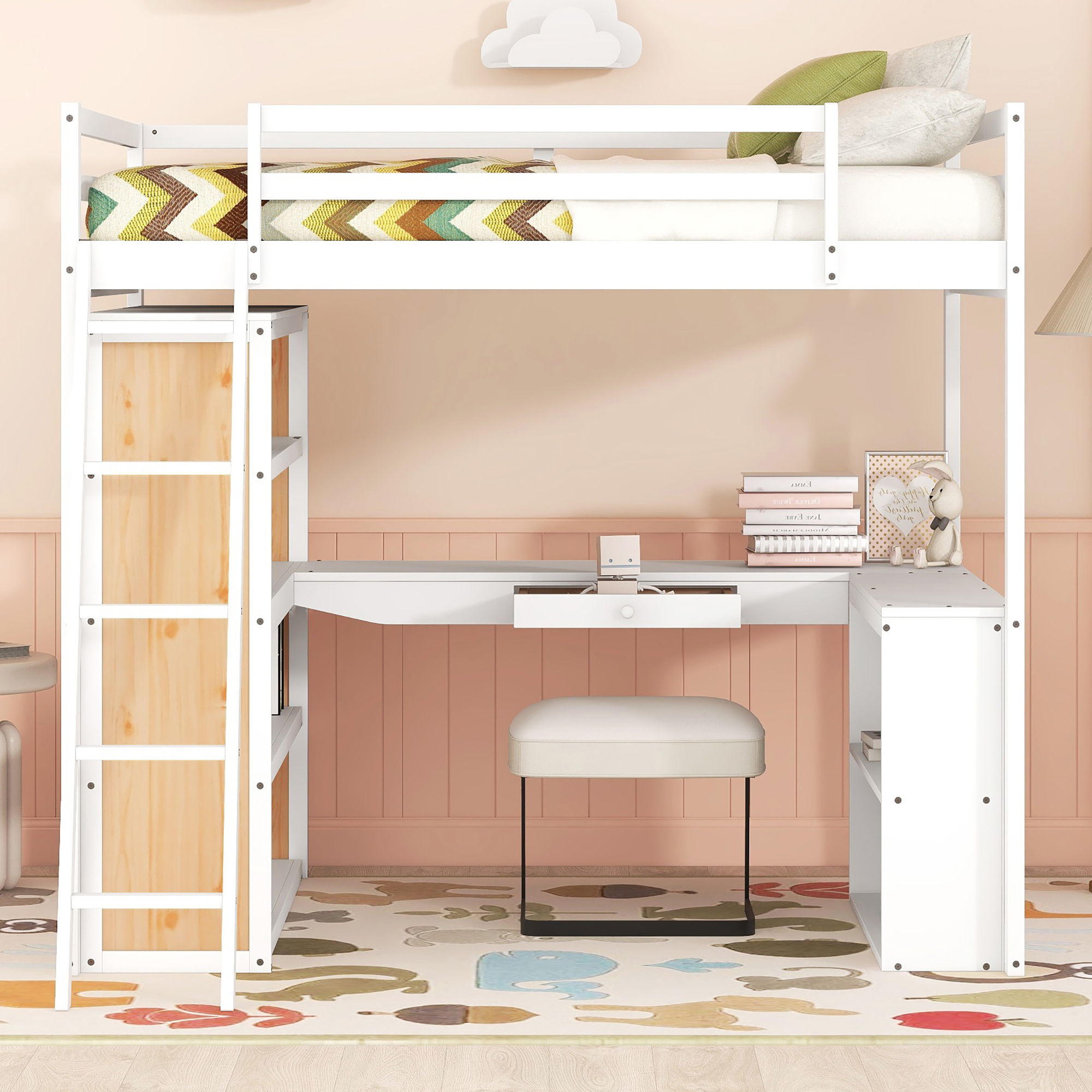 Loft Bed With Ladder, Shelves, And Desk