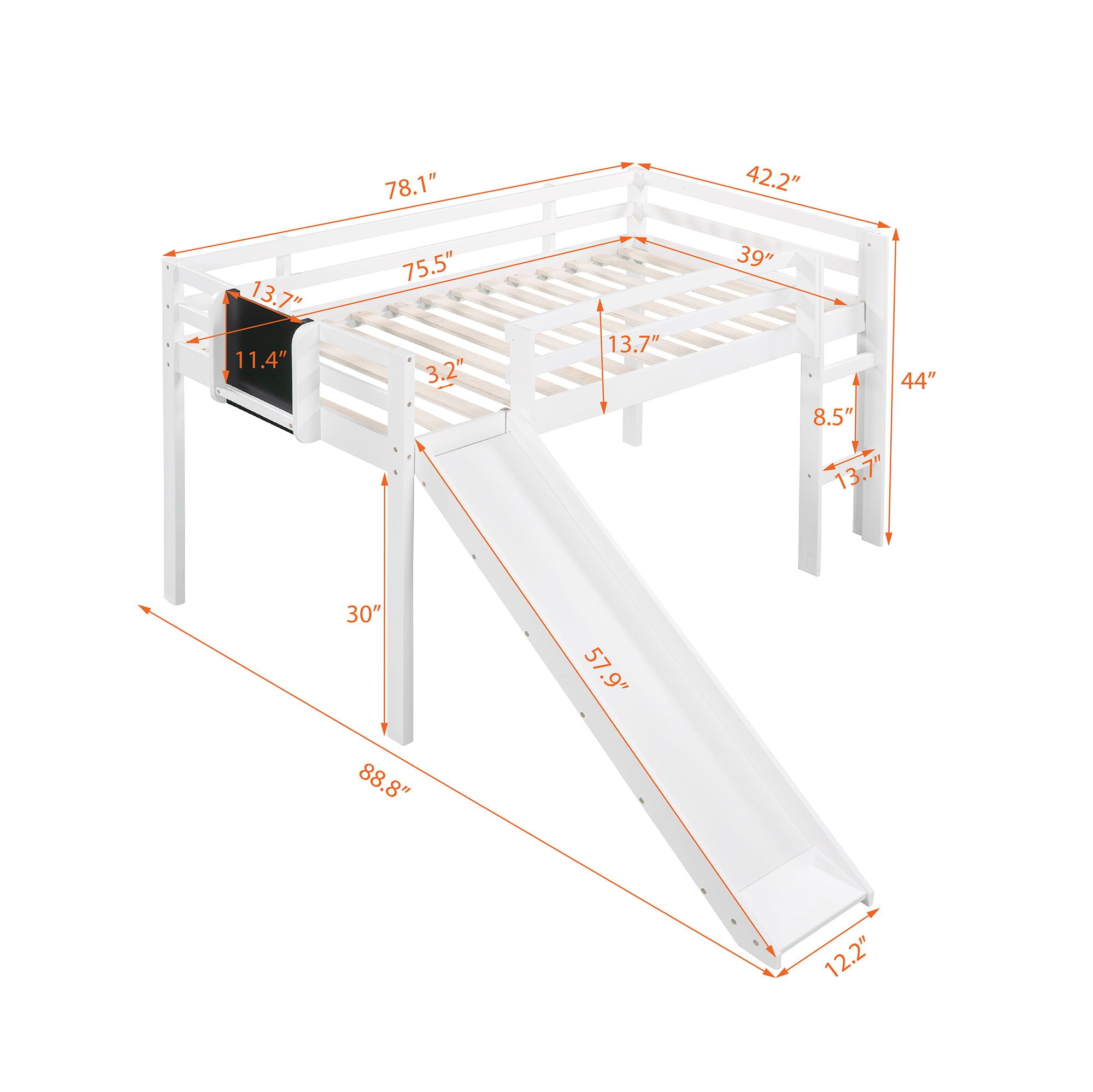 Loft Bed With Slide, Stair And Chalkboard