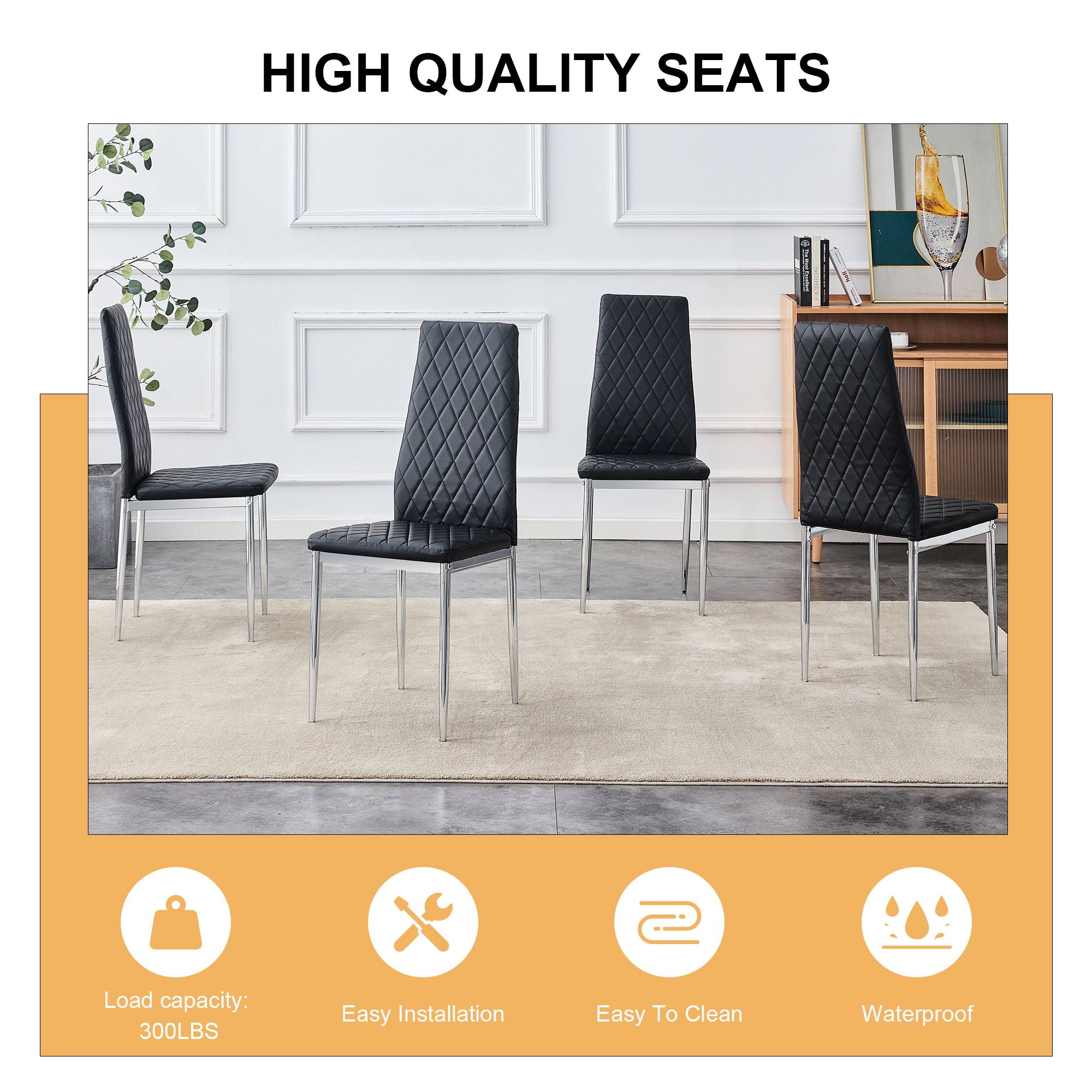 Modern Grid Armless High Backrest Dining Chair Set With Electroplated Metal Legs In Material 6 Piece - Black