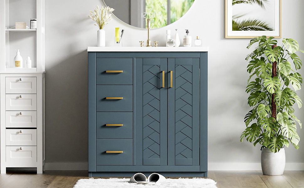 Ceramic Sink Combo, Freestanding Vanity Set With 3 Drawers & Soft Closing Doors