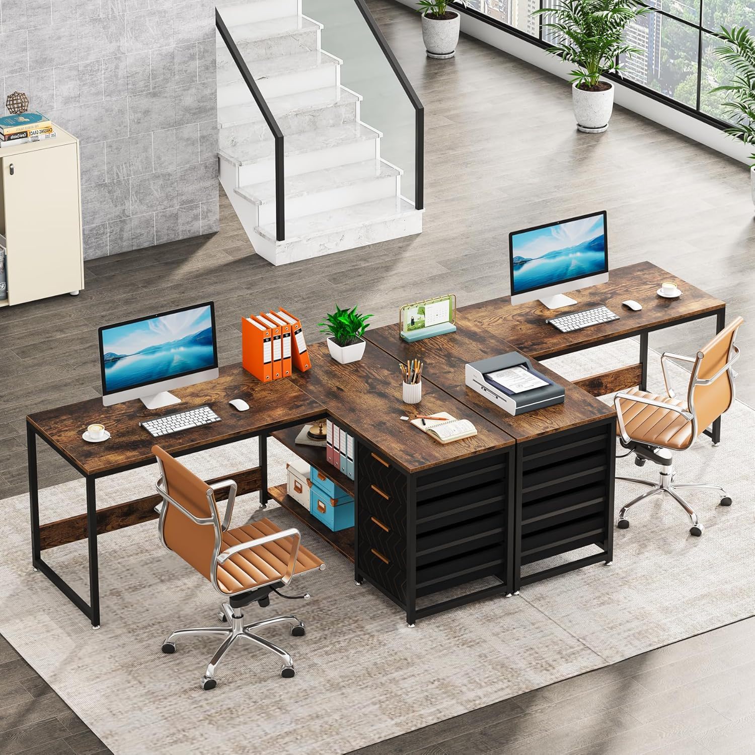 L-Shaped Computer Desk With Drawers And Shelves, Workstation For Home Office