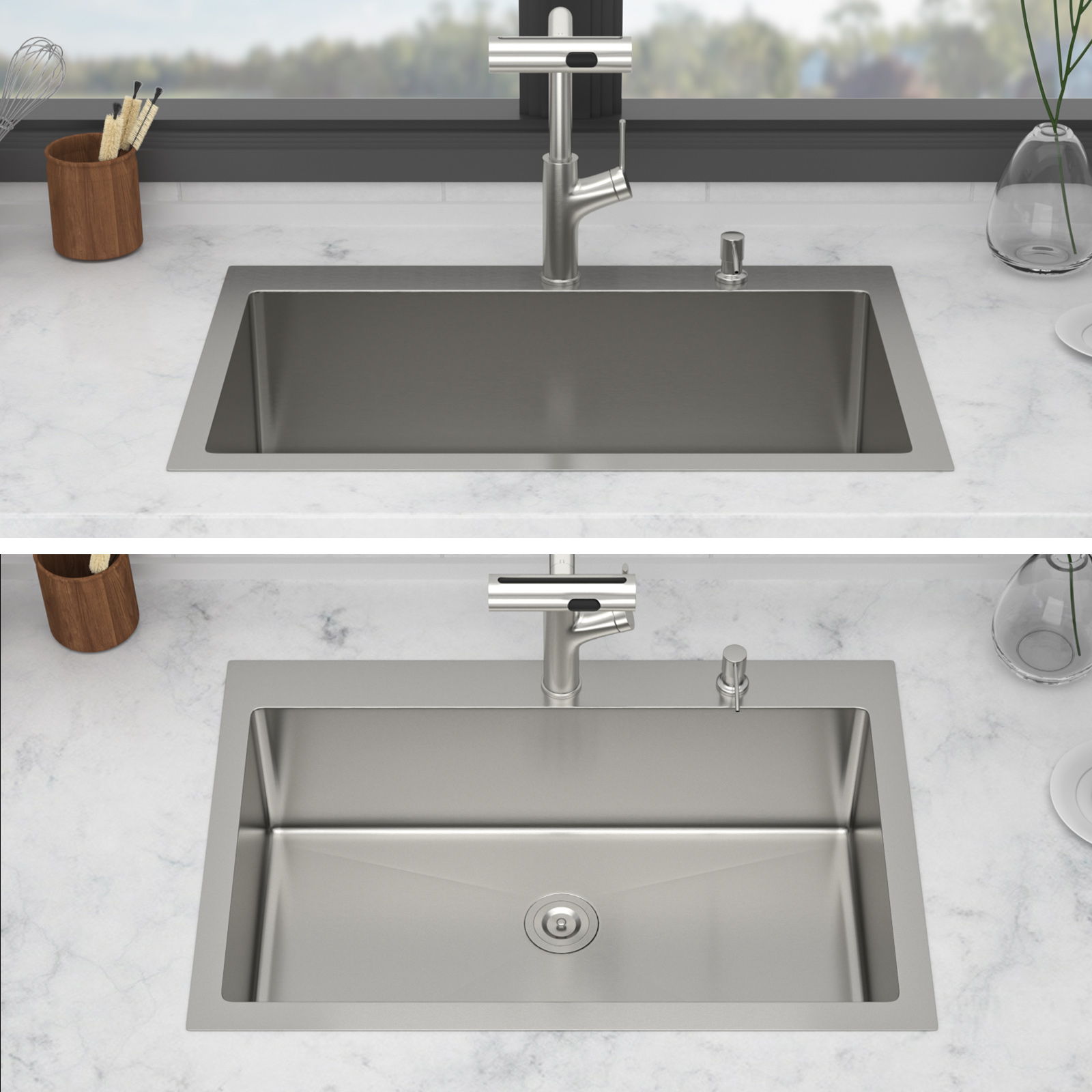 30" Single Bowl Drop In Kitchen Sink With Pull Out Faucet And Soap Dispenser - Brushed Nickel