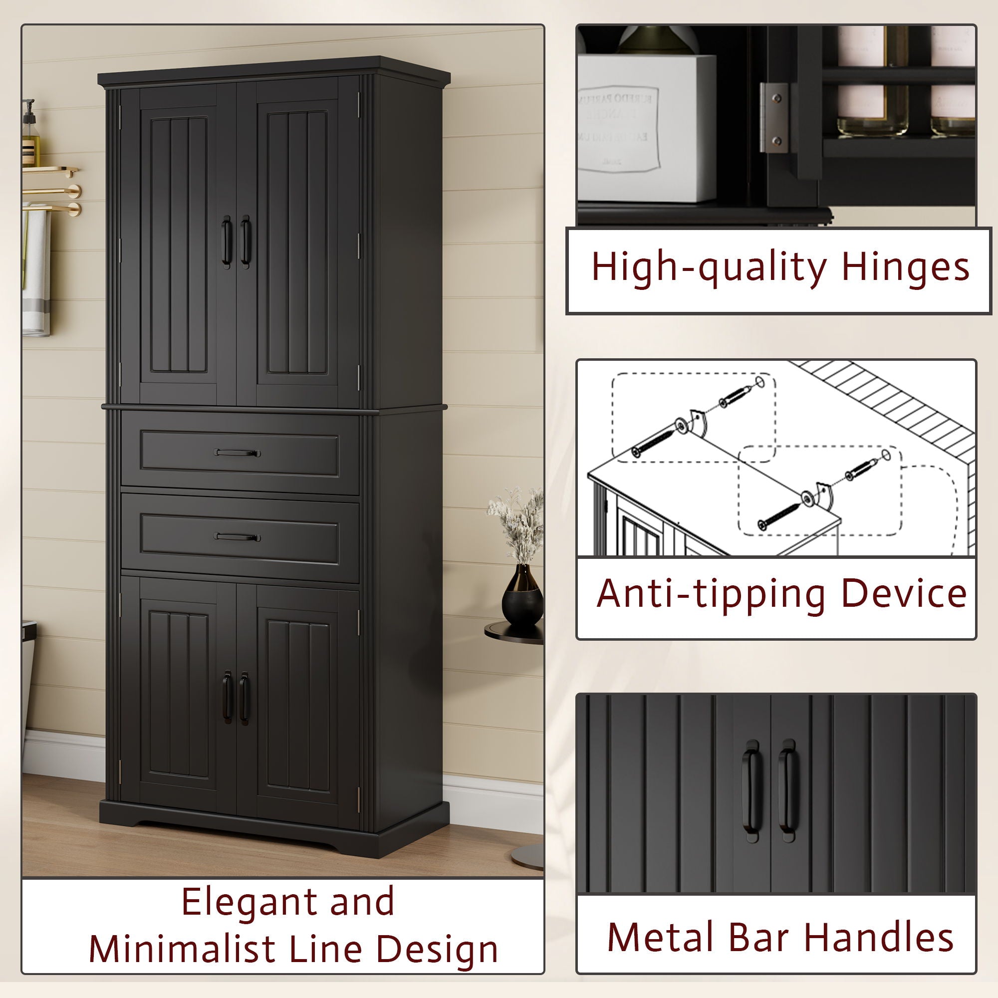 Elegant Multi Functional Storage Cabinet With Slide Rail Drawers, Adjustable Shelves