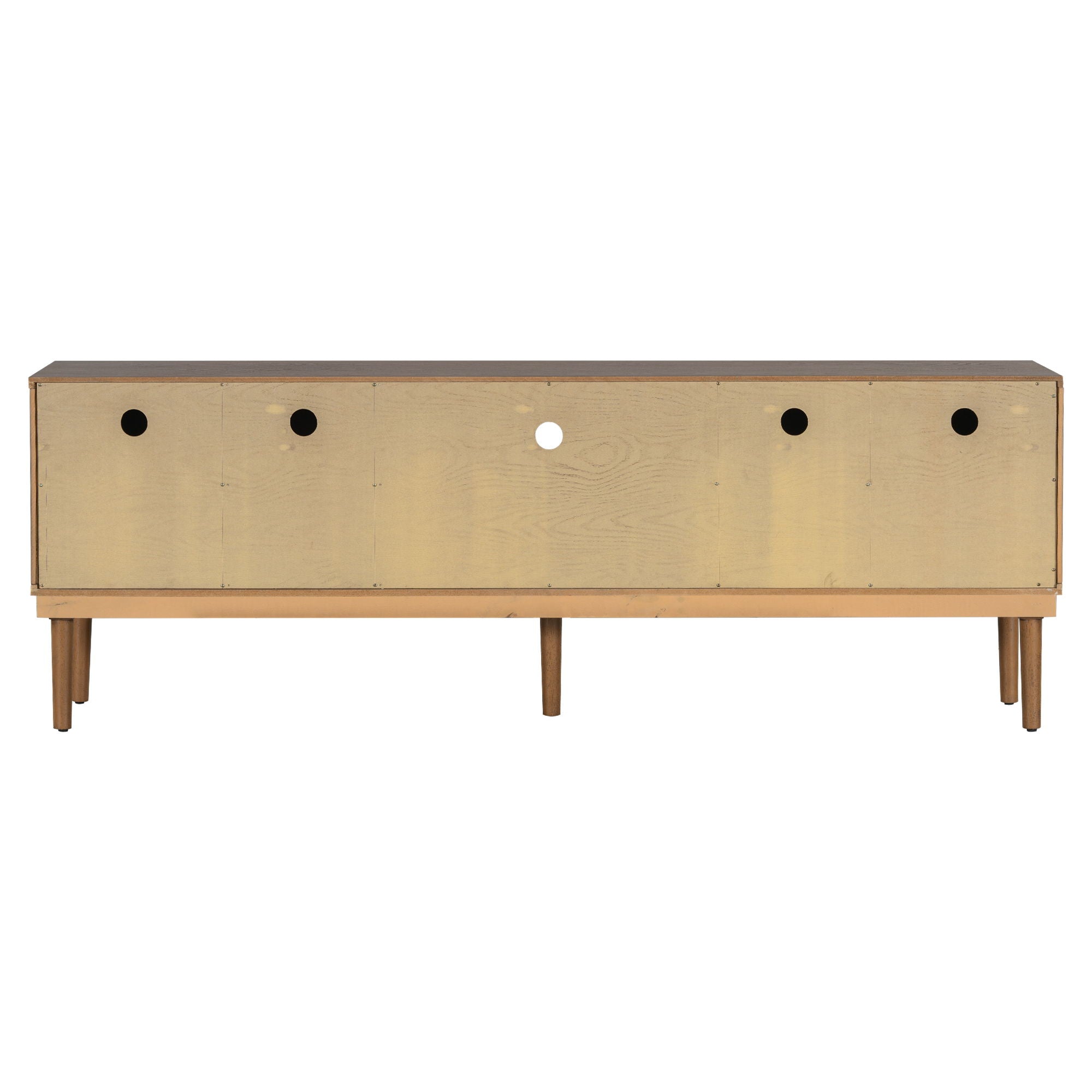 TV Stand With Vertical Slatted Doors And Sliding Panels, Solid Wood Legs - Brown