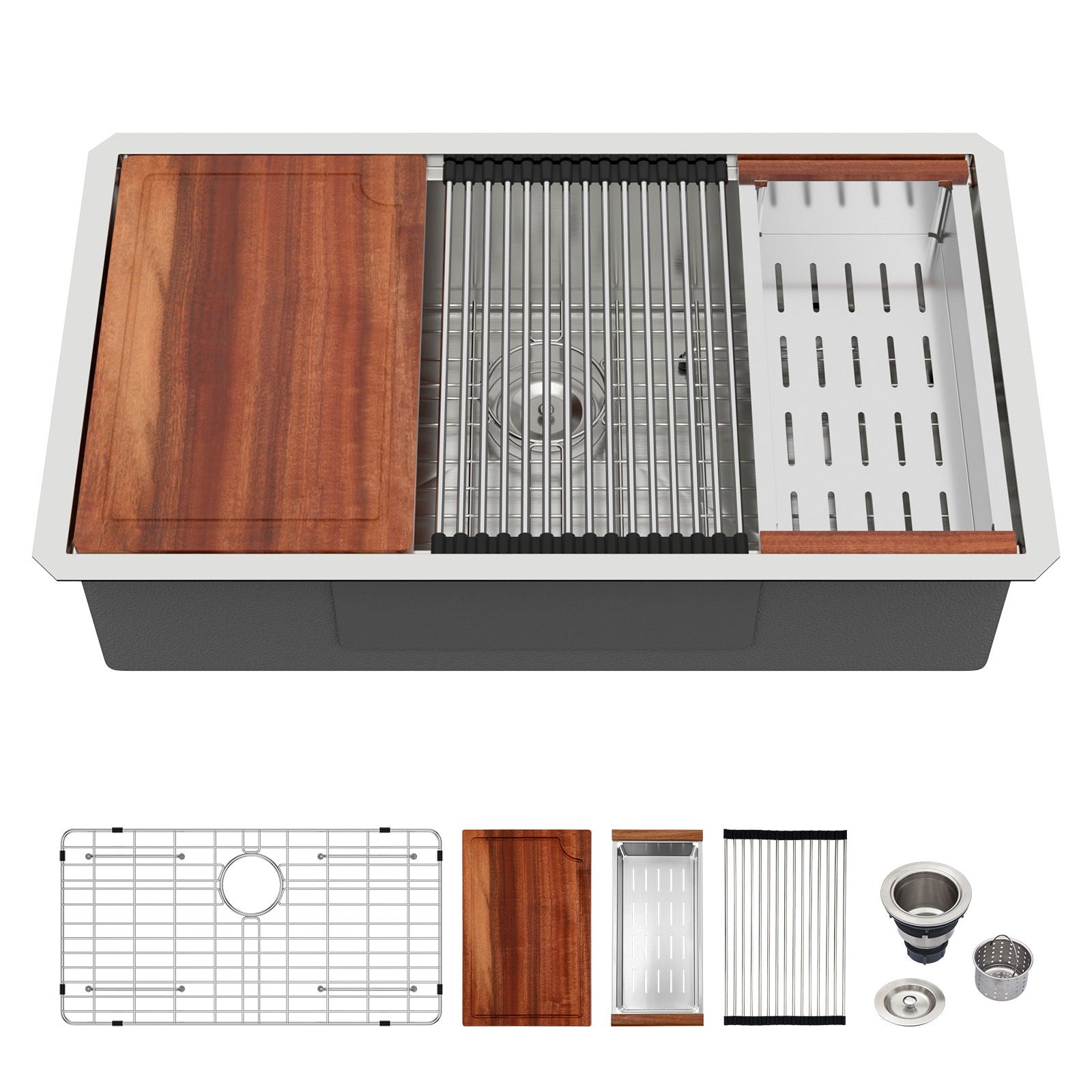 30" Undermount Kitchen Sink 16 Gauge Ledge Workstation - Brushed Nickel