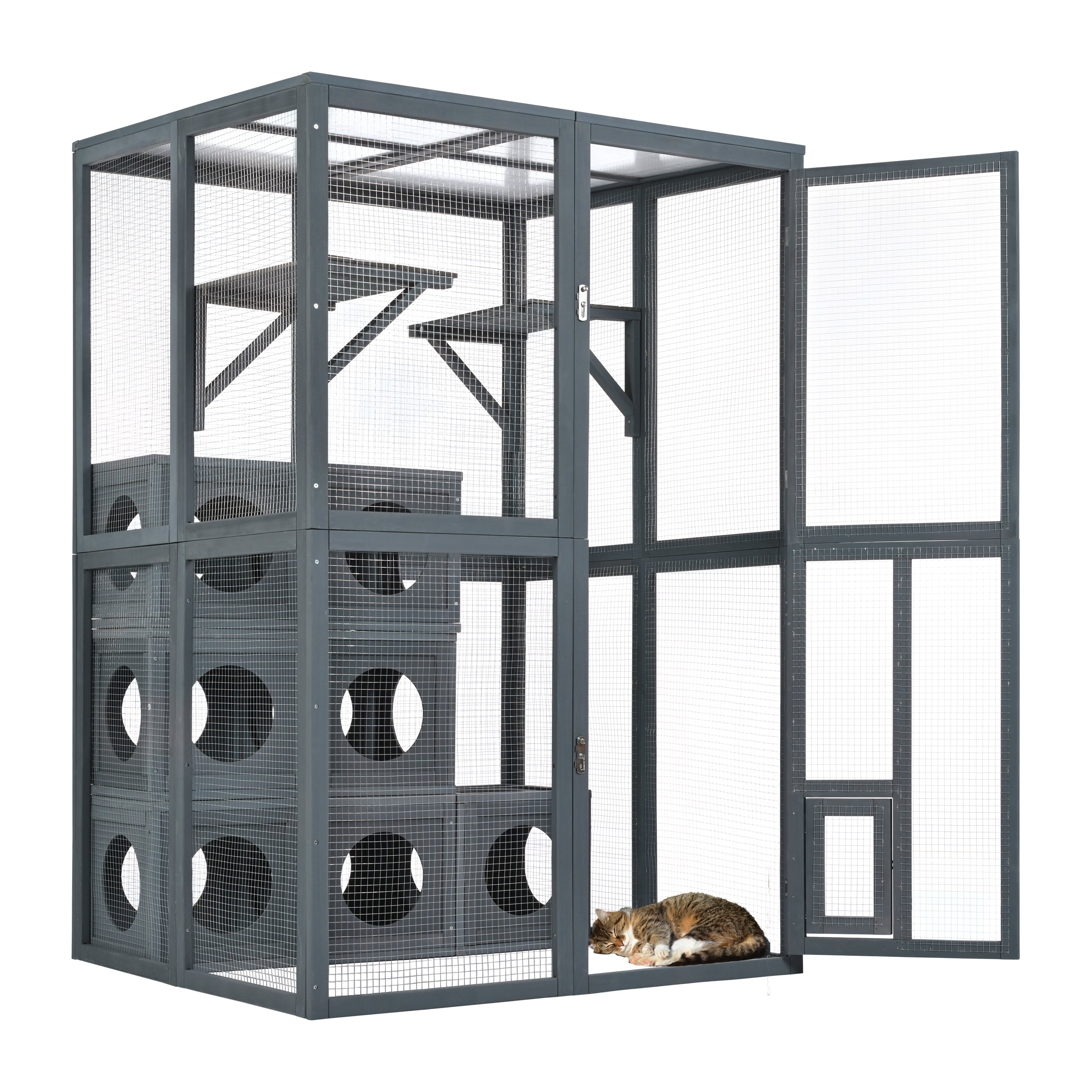 Grey Pine Wood Outdoor Cat House with Shelves and Weather Protection