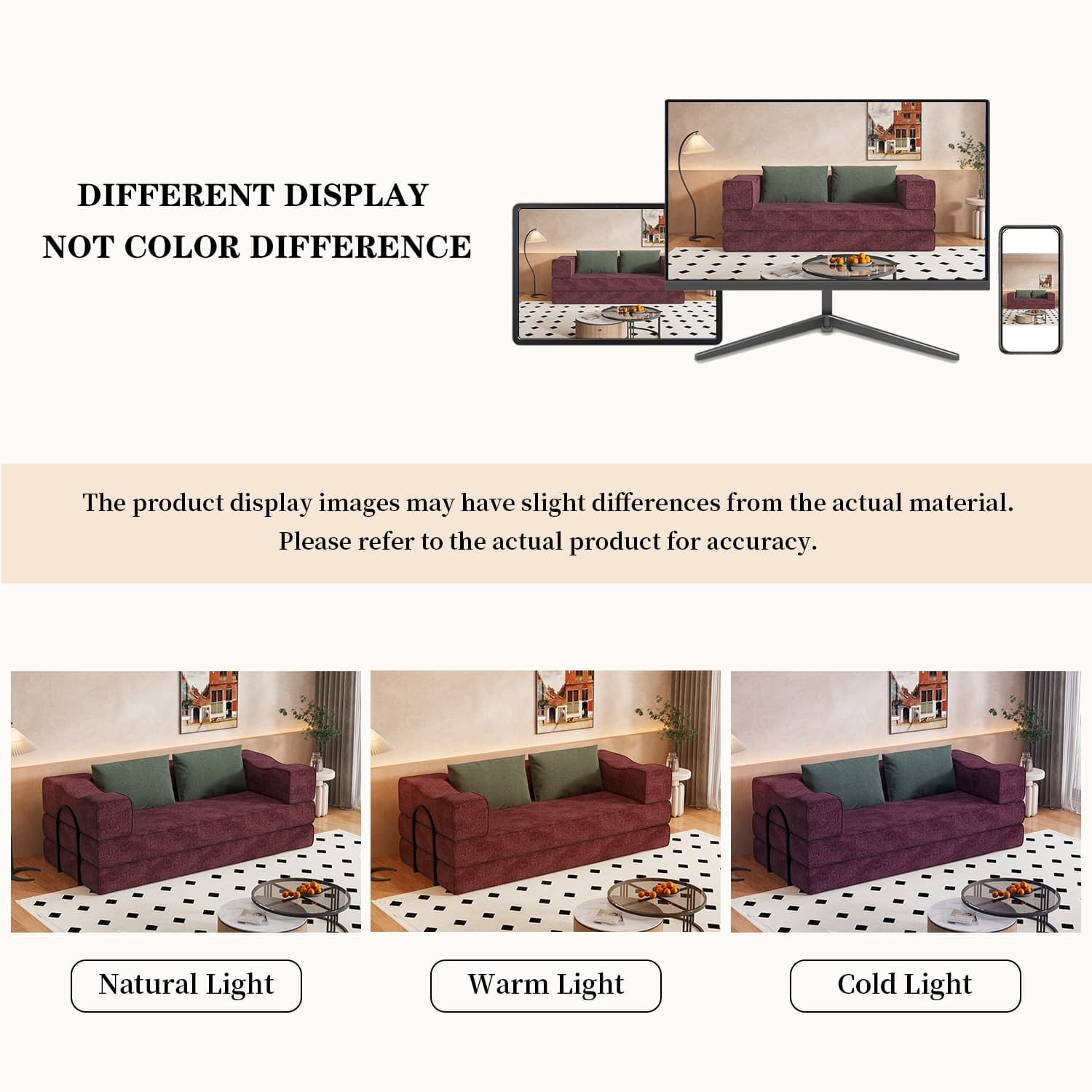 Convertible Couch Bed With 2 Pillows, 3 Seat Folding Floor Couch & King Size Bed Mattress, Diy Combination - Burgundy