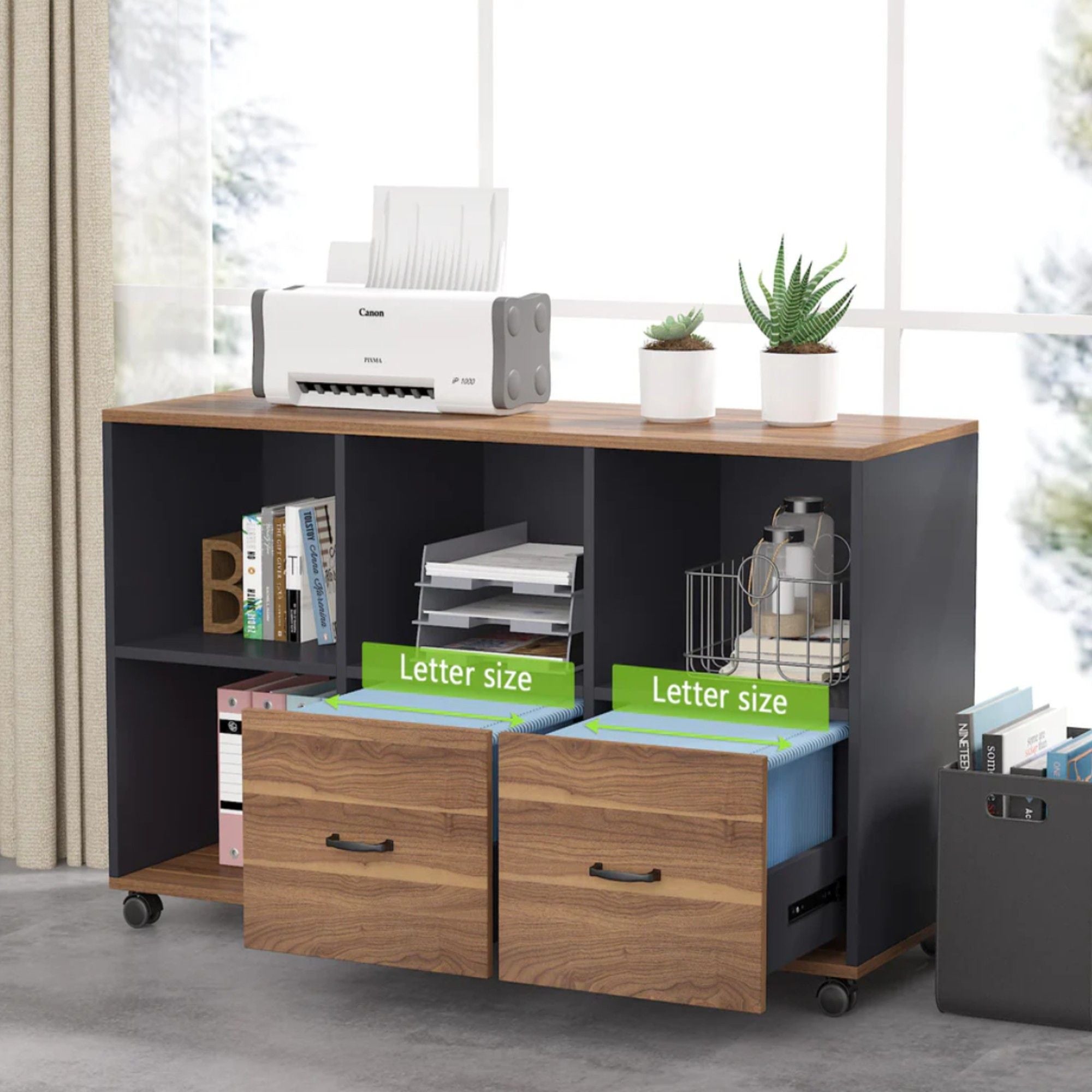 L-Shaped Executive Desk With Mobile File Cabinet, Large Home Office Workstation With Drawers And Shelves - Brown / Black