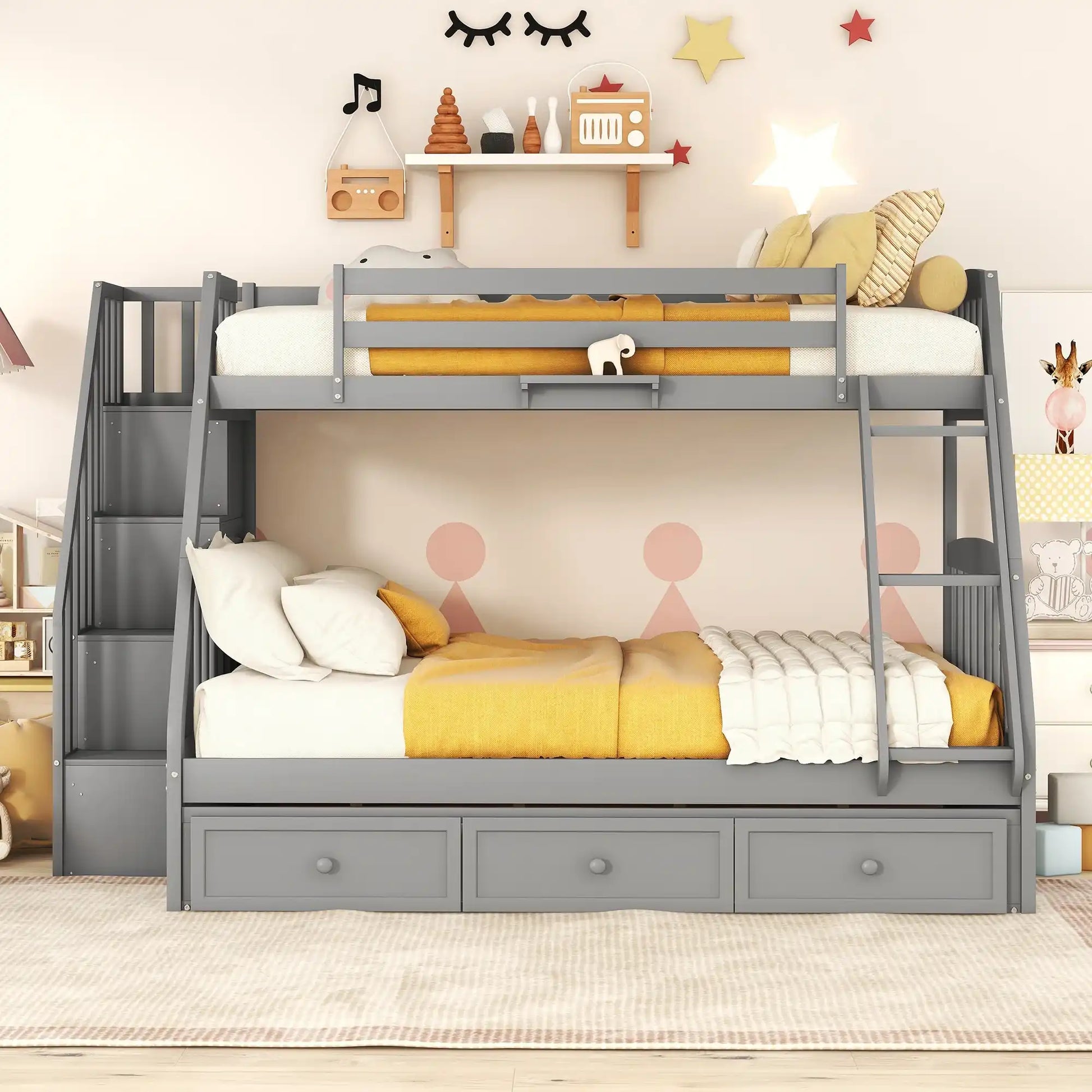 Twin-Over-Full Bunk Bed with Drawers，Ladder and Storage Staircase, Gray - Best Buy Furniture