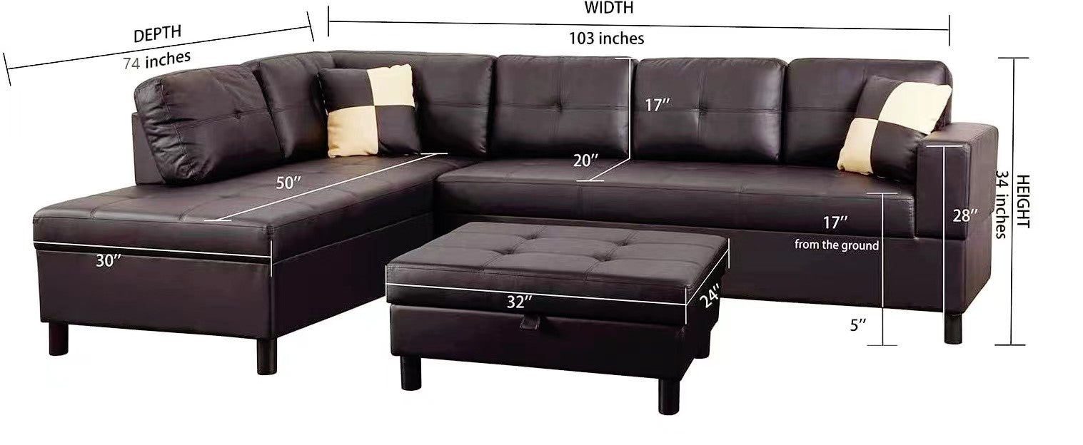 3 Pc Sectional Sofa Set Brown Faux Leather Left-Facing Chaise
