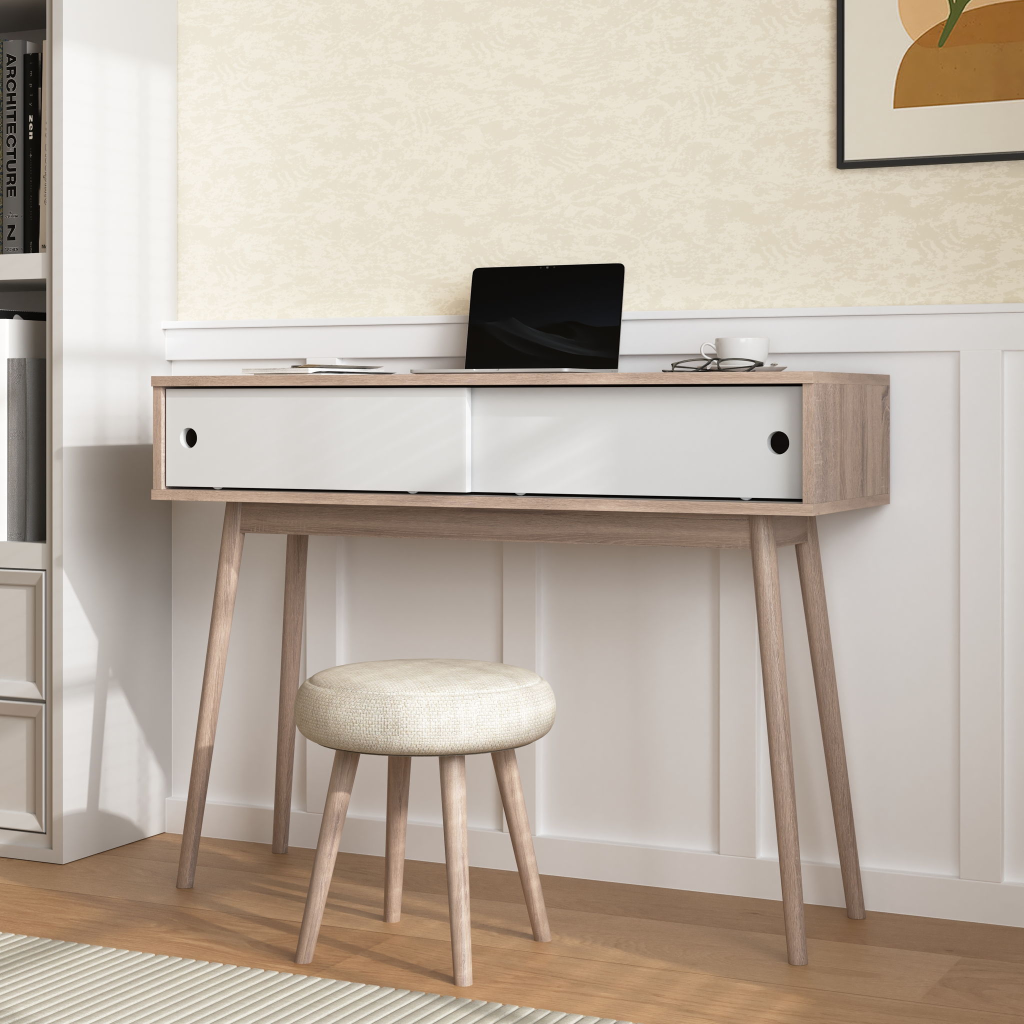 Rustic Entryway Console Table With Sliding White Doors And Wood Legs - Natural