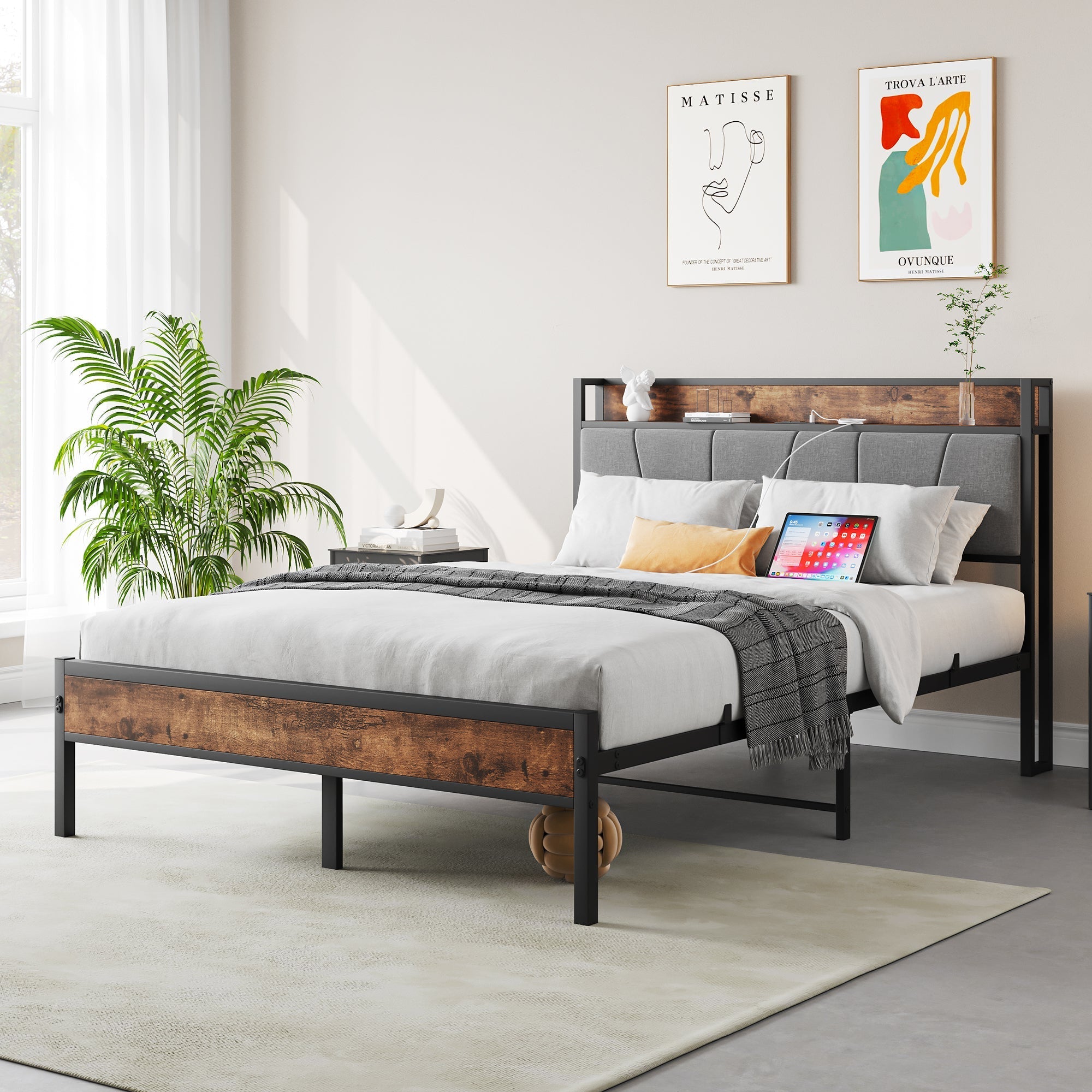 Full Size Bed Frame Storage Headboard with Charging Station