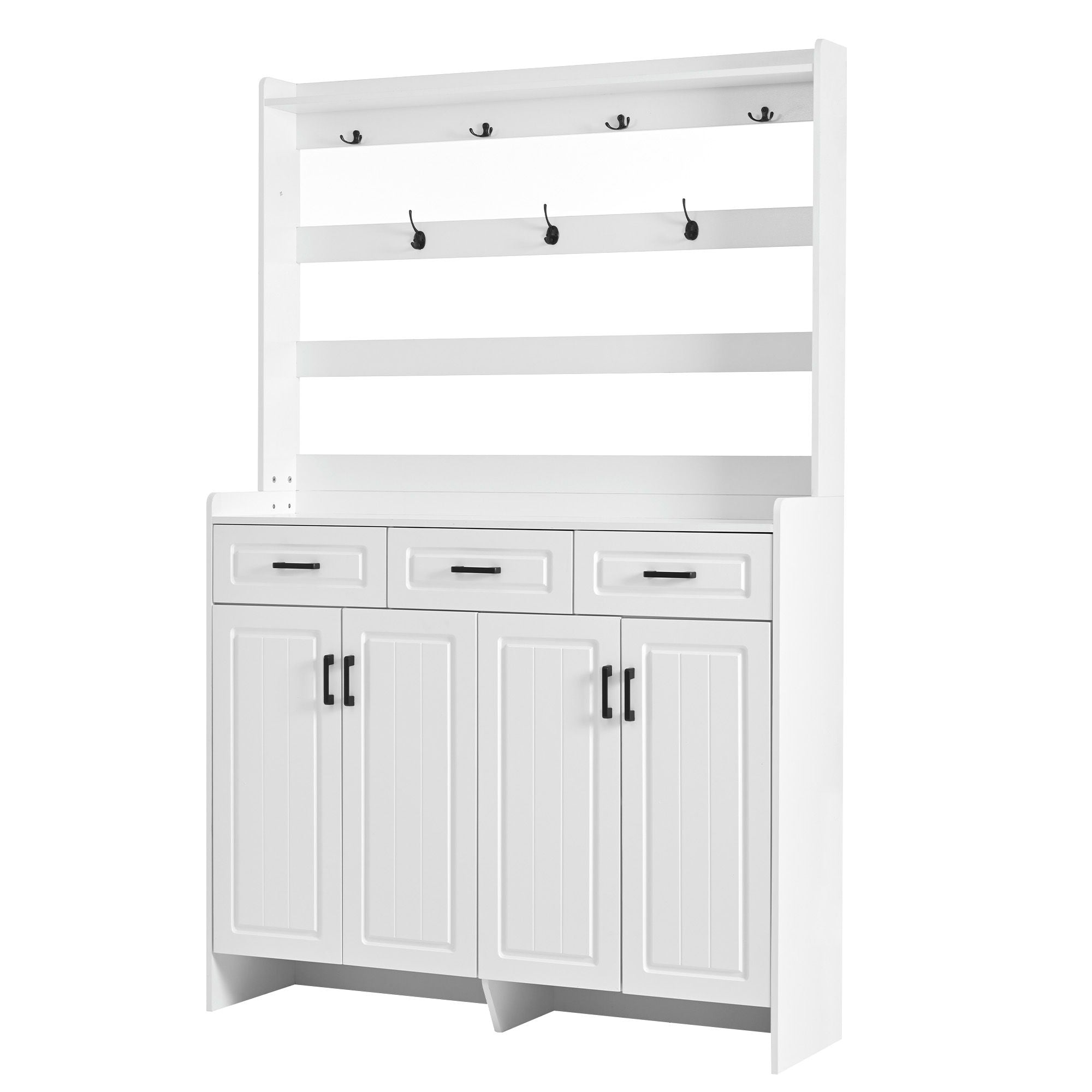 Minimalist 4 Door Shoe Cabinet With Coat Rack, 3 Drawers, 8 Shelves, Metal Hooks And Handles