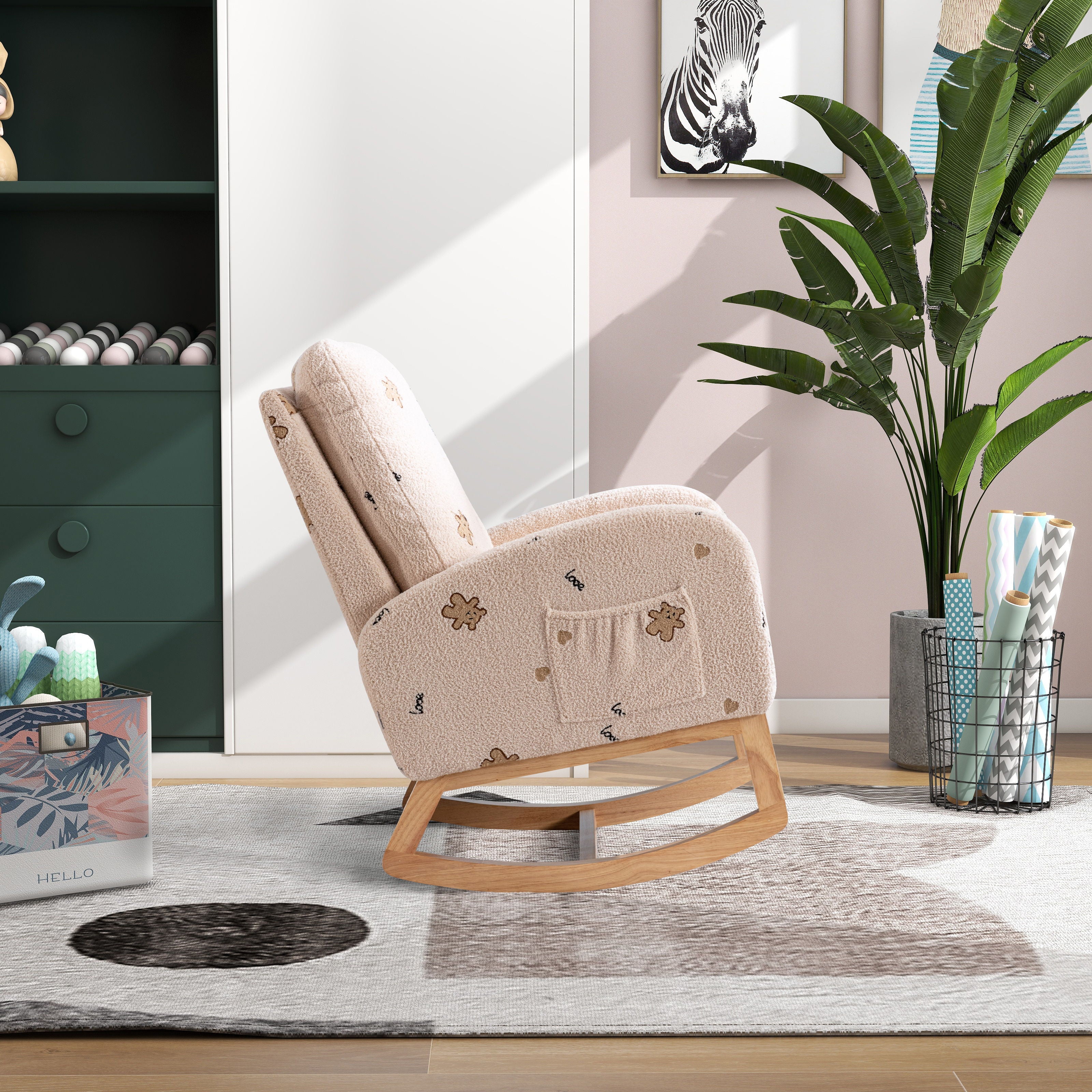 Modern Accent Rocker Armchair With Side Pocket, Upholstered High Back