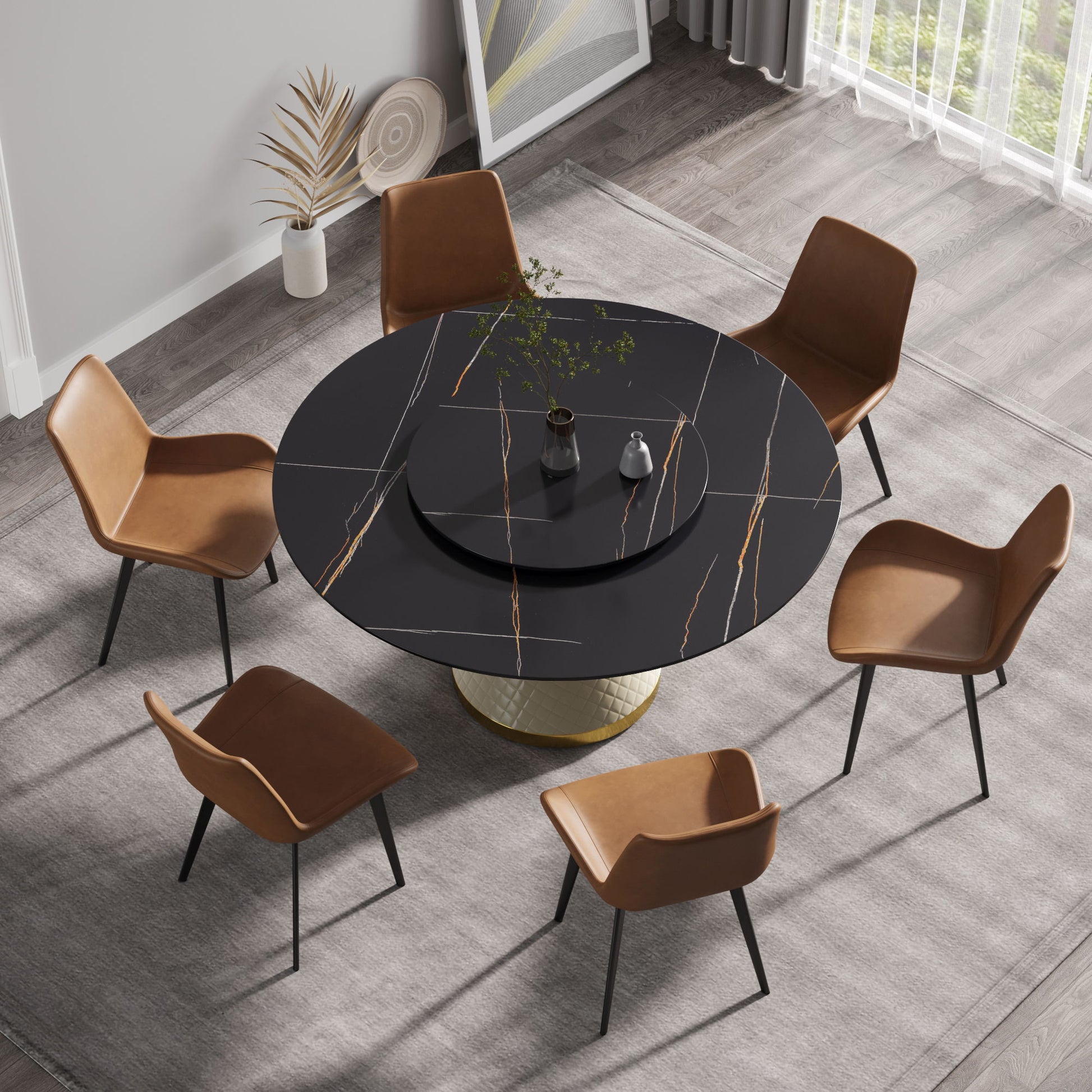 59.05" Modern Artificial Stone Round Carbon Steel Base Dining Table, Can Accommodate 6 People, Artificial Stone Turntable - White / Black - Best Buy Furniture