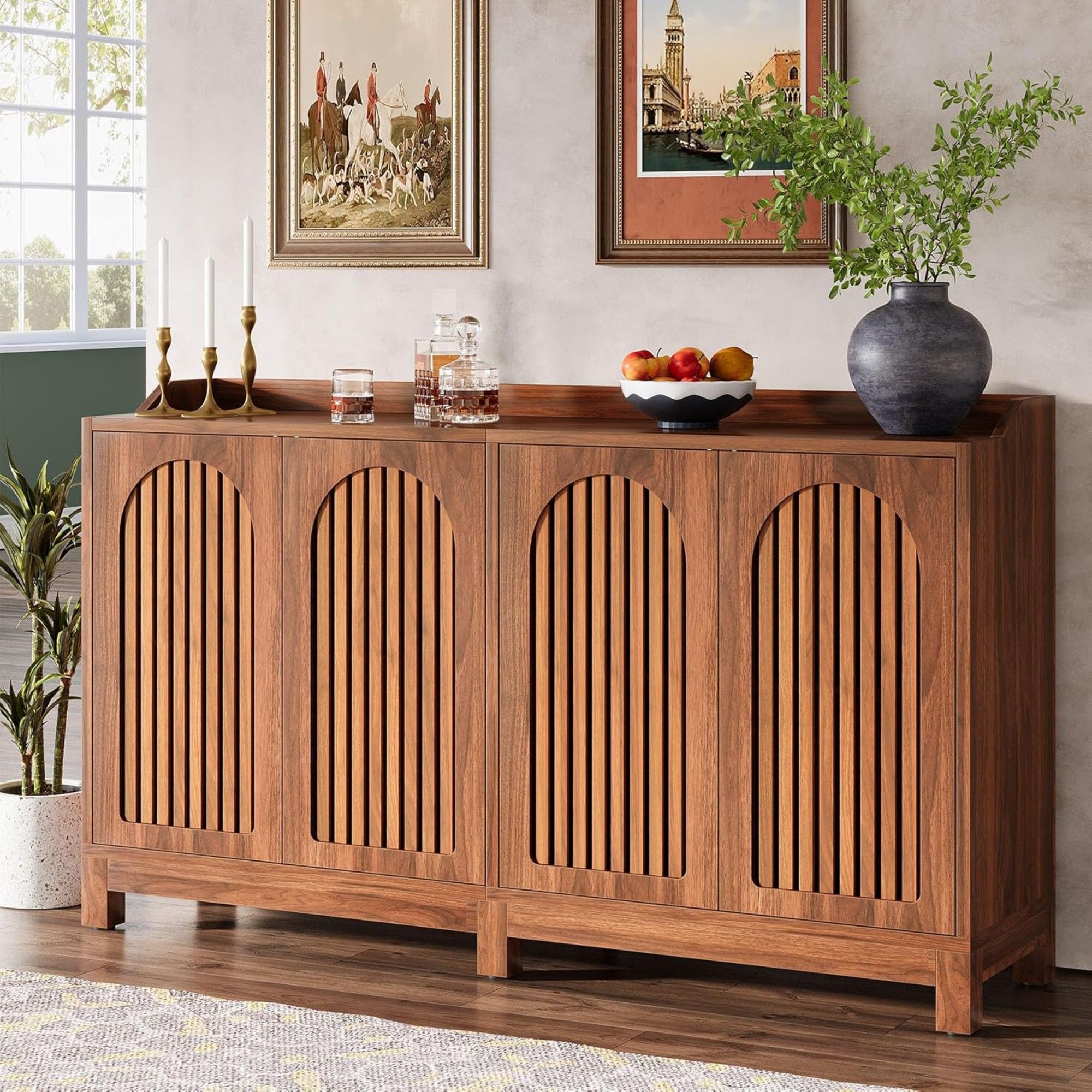 Sideboard Buffet Cabinet With 4 Doors & Shelves, Credenza Table For Dining Room - Brown