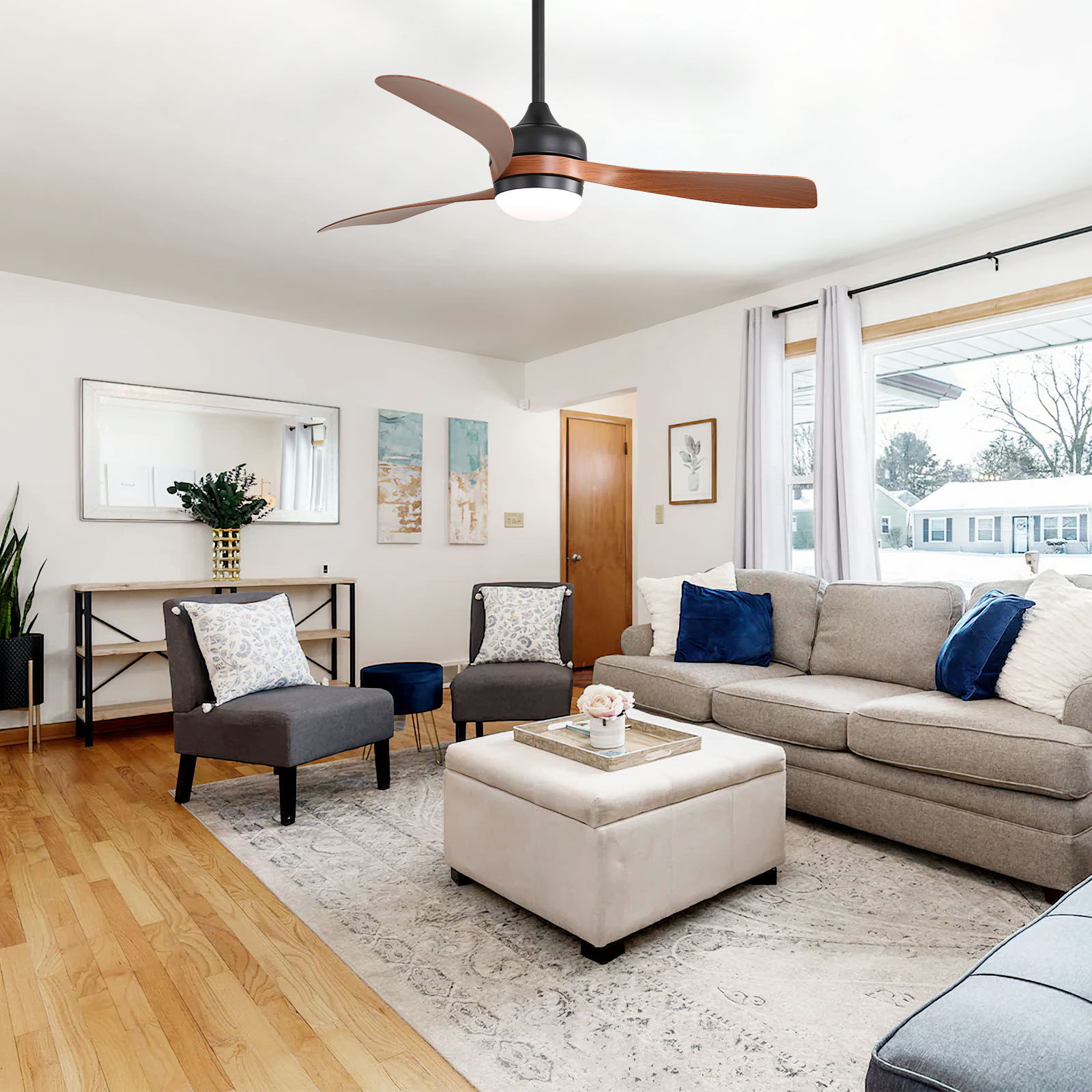 Ceiling Fan With 3 Blades, Remote Control, Reversible DC Motor, Noiseless Operation, 3 Downrods