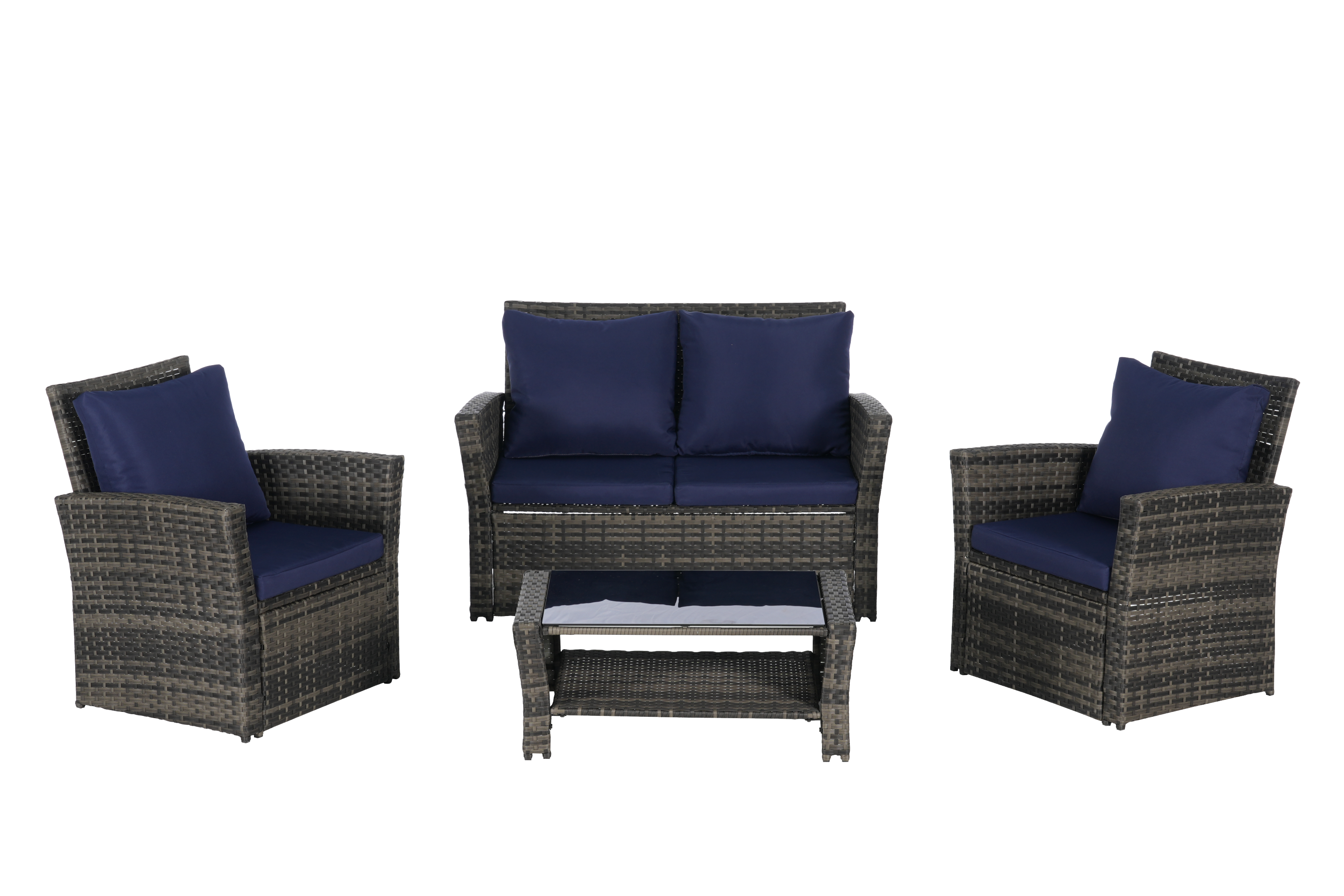 4 Pieces Outdoor Patio Furniture Set with Rattan Chairs and Tempered Glass Table