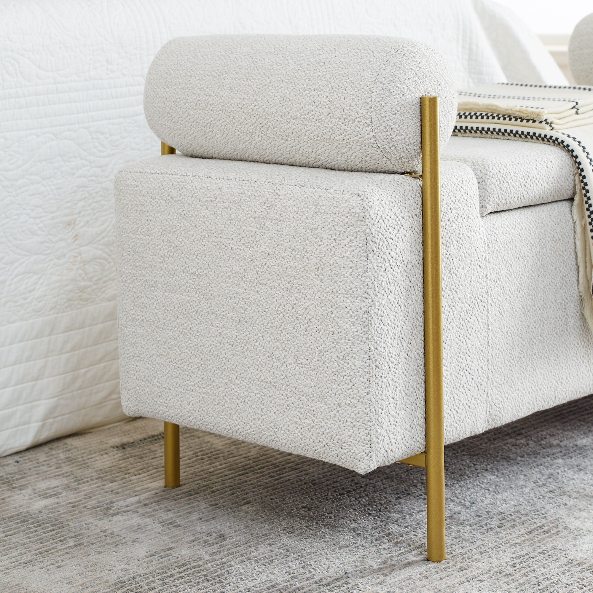 Elegant Upholstered Linen Storage Bench With Cylindrical Arms And Iron Legs, White