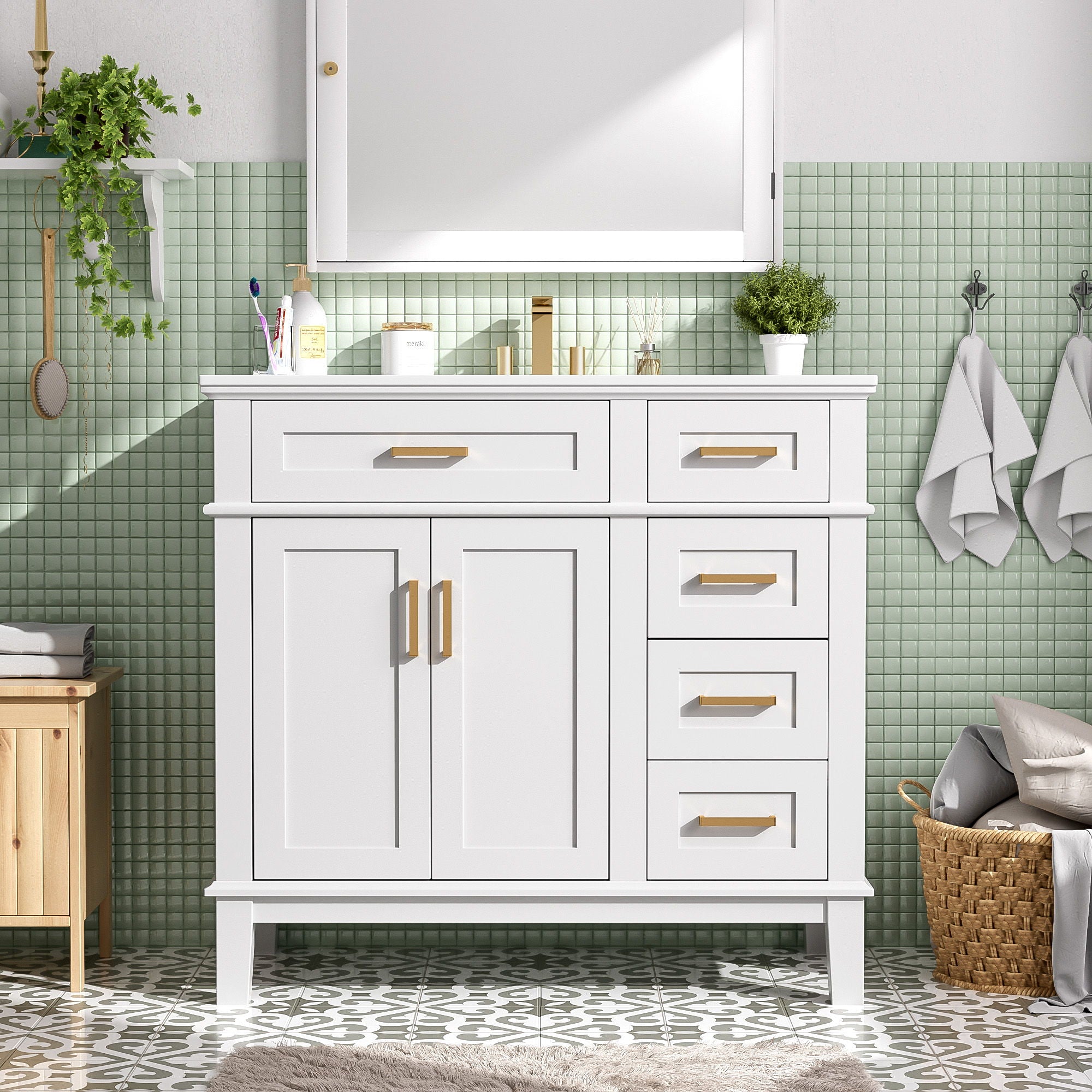 Bathroom Vanity With Sink, Soft Close Doors, And Storage Drawers, 36" - White