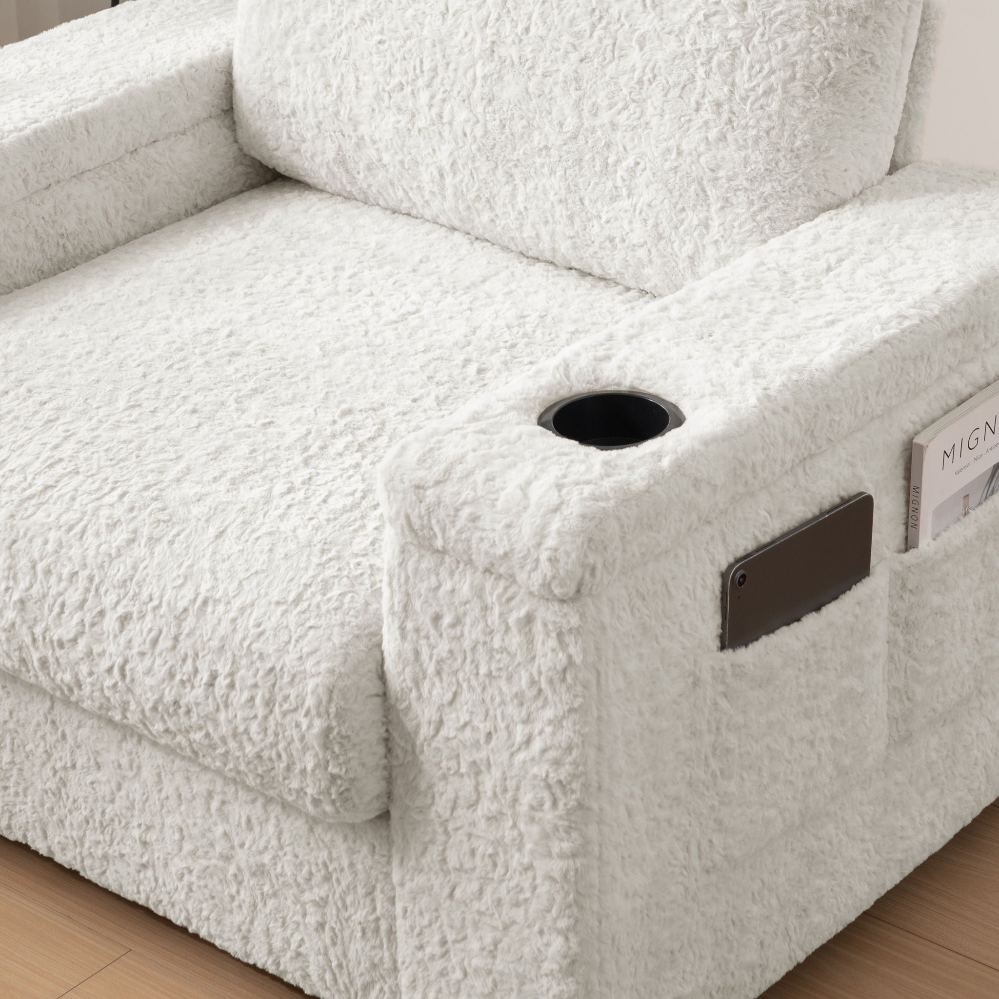 Oversized Chaise Lounge Indoor Rabbit Fur Sofa Bed With Storage Ottoman And Armrests Cup Holders With Deep Seat