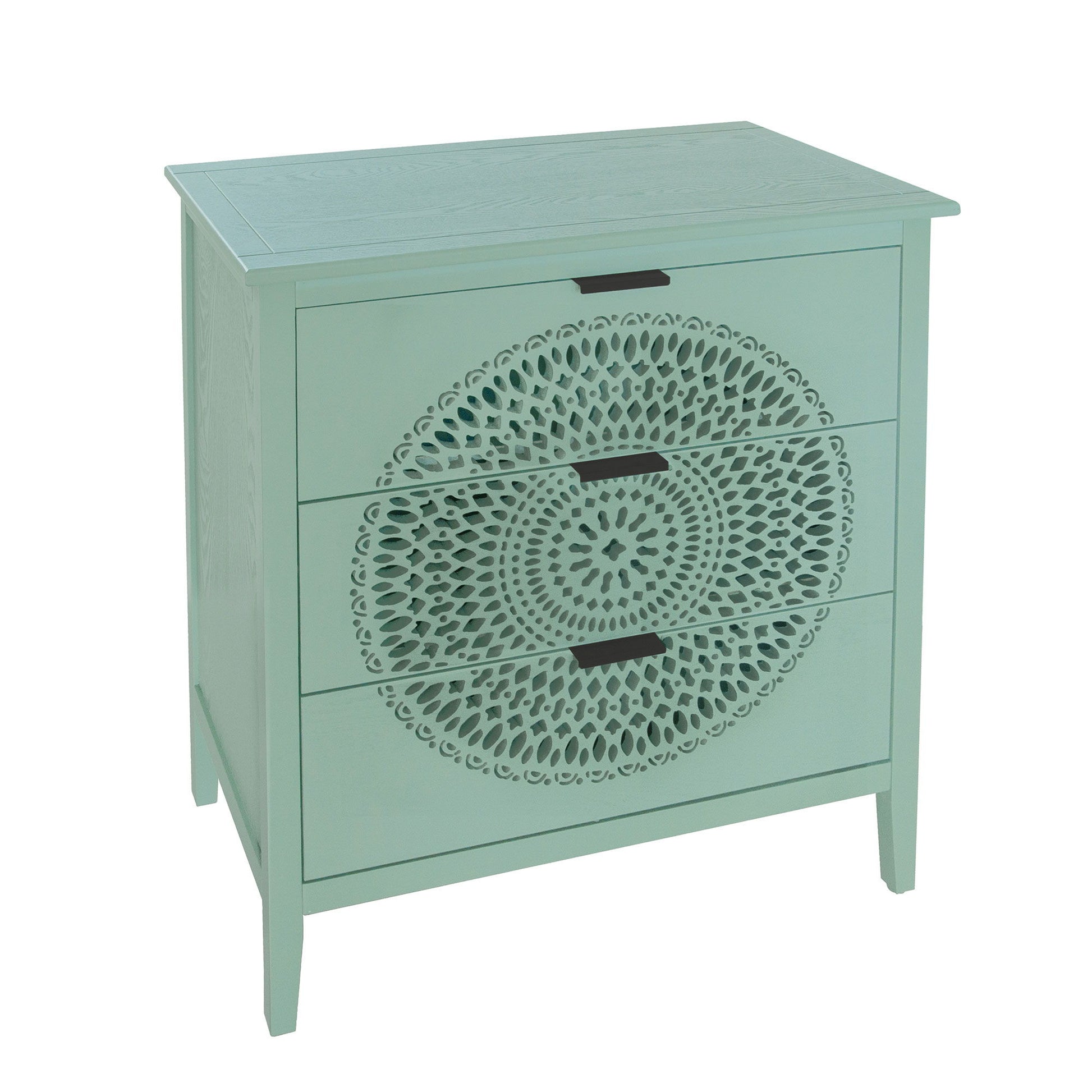 3 Drawer Storage Cabinet With Hollow Carved Design And Metal Handles, Chest For Entryway, Living Room Or Bedroom - Light Green - Best Buy Furniture